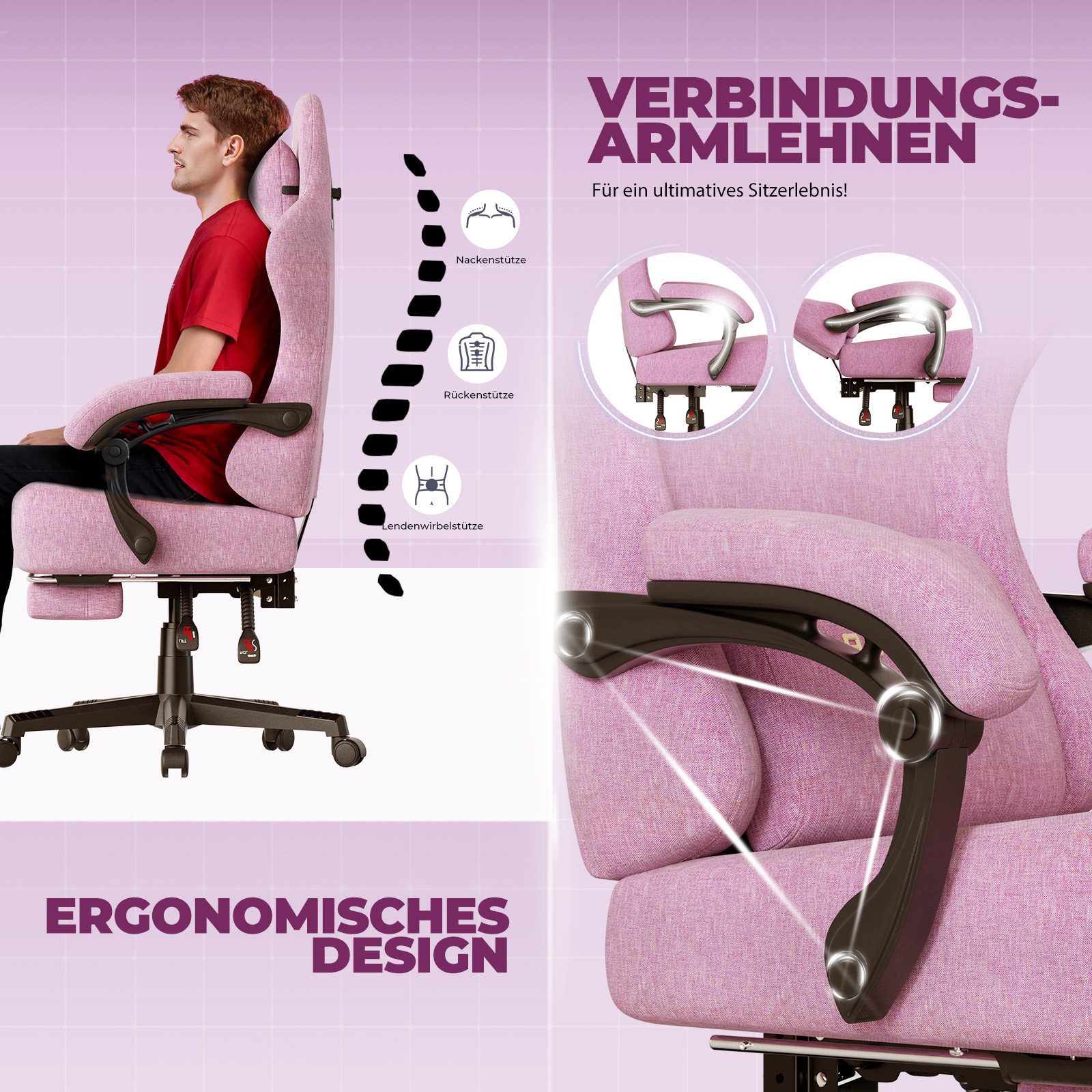 GTPLAYER Gaming-Stuhl Atmungsaktiver Bürostuhl, ergonomisch Hochwertiger - Stoff/Kunstleder, 160° Verstellbare Rückenlehne und ausziehbare Fußstütze – Bild 5 von 5