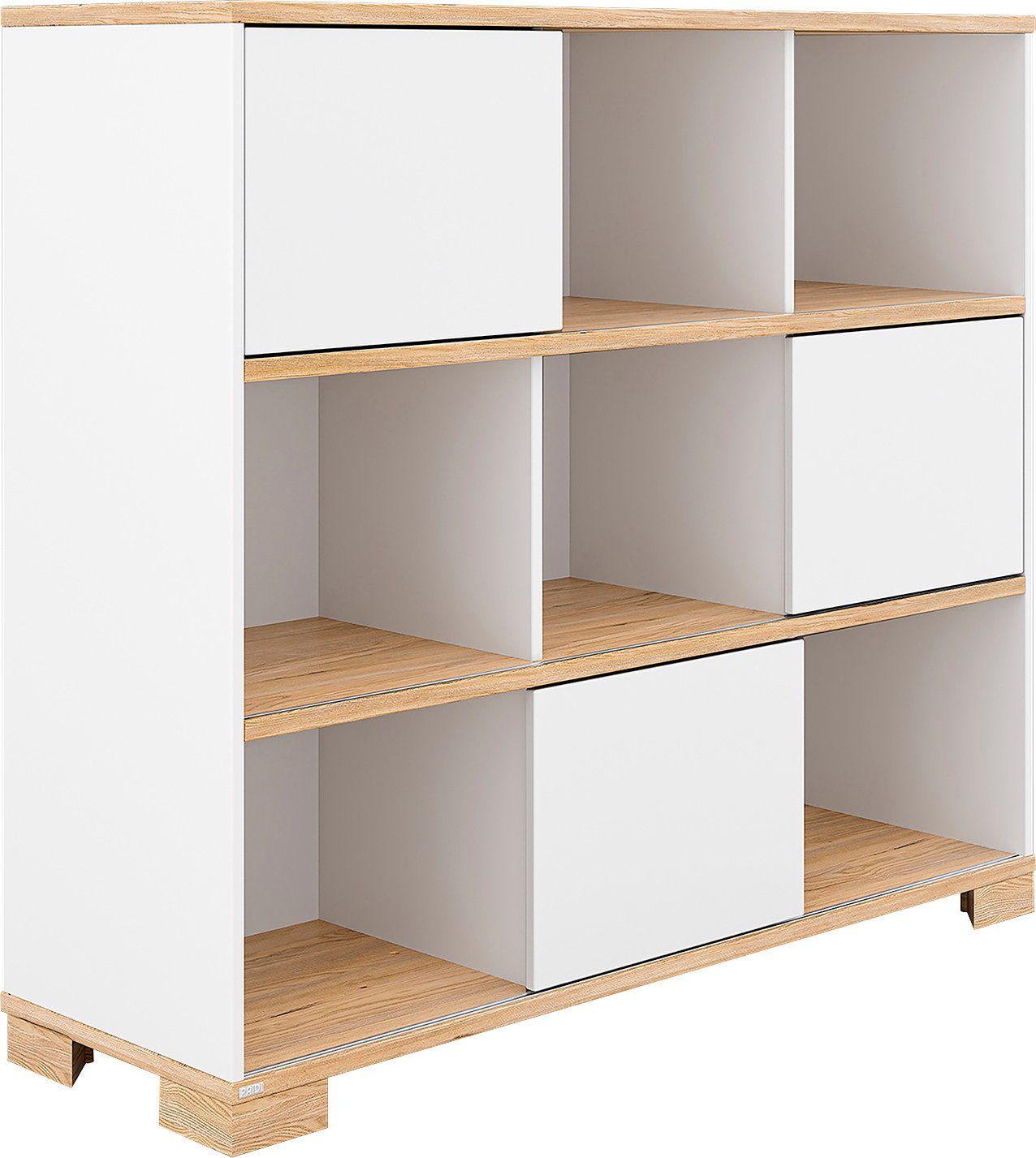 PAIDI Standregal YOLANDA in Weiß mit Eiche-Dekor, 9 Fächer mit 3 Schiebetüren, 127 cm Breite, langlebiges Regal aus Holz, Soft-Close