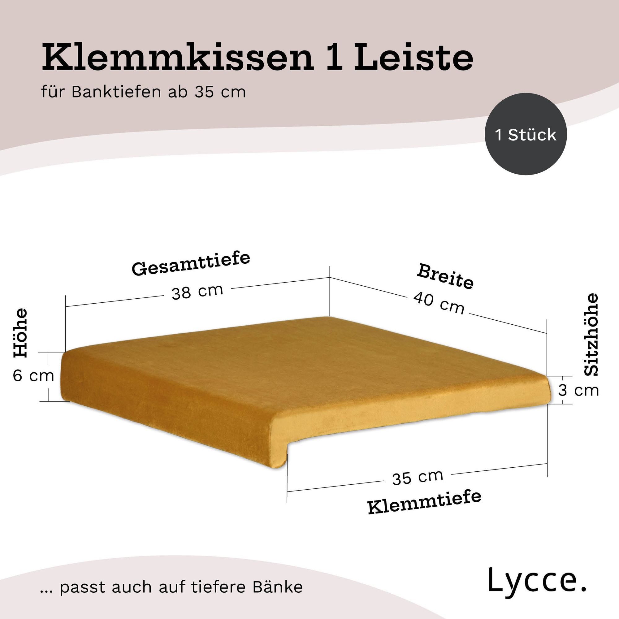 Lycce Bankauflage Klemmkissen, Sitzkissen mit 1 Leiste, 40cm breit - 35cm Klemmtiefe, (1 St), weich gepolstert, verrutscht nicht, edle Optik Samt senf olive – Bild 4 von 5