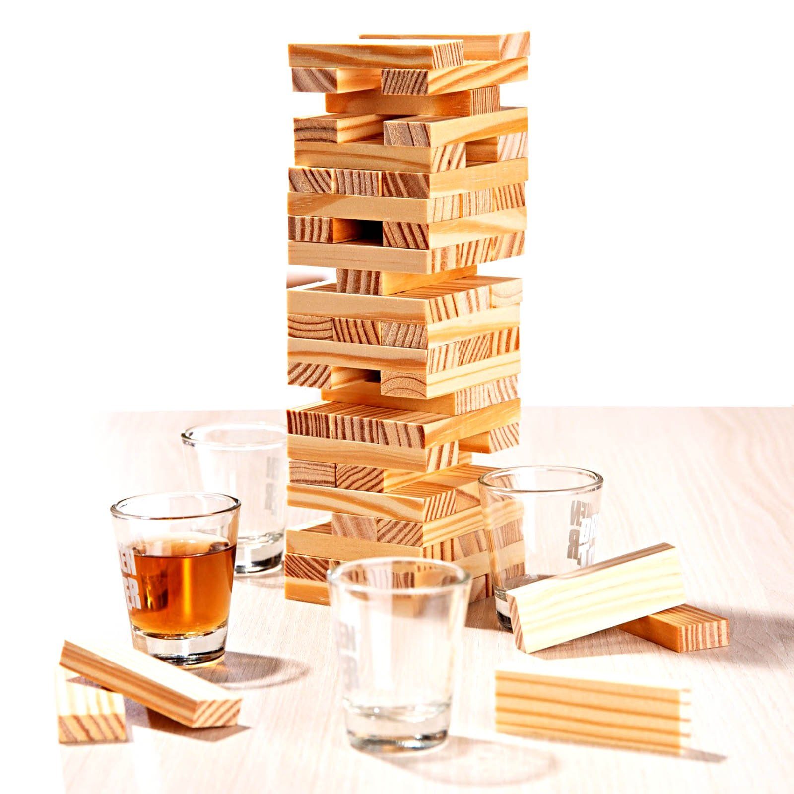 HAC24 Spiel, Gesellschaftsspiel Trinkspiel Wackelturm Trink Spiel Turm Partyspiel für Erwaschsene, Mit 60 Holz Bauklötzen und 4 Shotgläsern