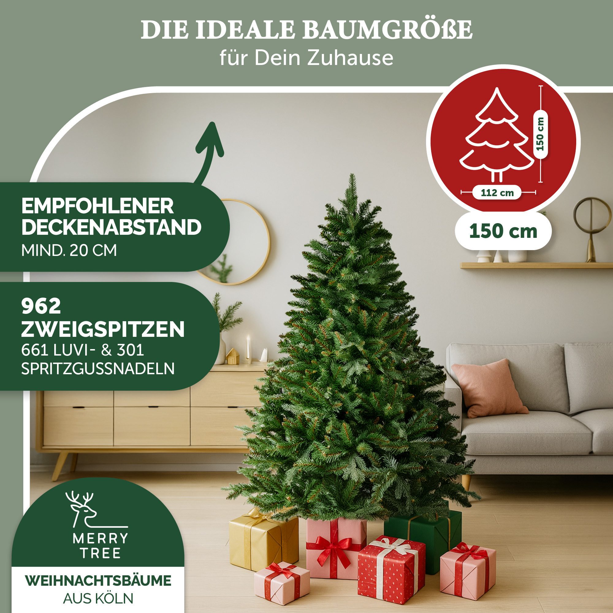 MERRY TREE Künstlicher Weihnachtsbaum Premium künstlicher Weihnachtsbaum aus naturgetreuem PVC + PE, Nordmanntanne, Spritzguss Mix mit Holzfuß