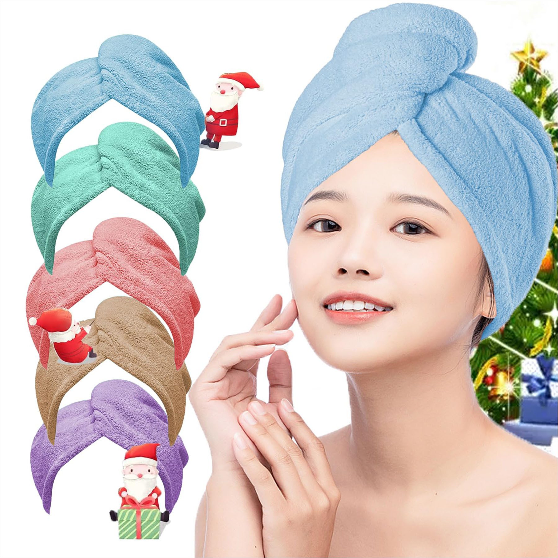 Keyura Duschhaube Haarturban Handtuch, 5 Stück Turban Haartrockentuch, Knopf Haarturban (Kopftuch Handtuch für Lange Haar, Schnelltrocknend Mikrofaser Handtuch, 5 St), mit Knopf Geschenk Rosa Blau Lila Khaki Grün