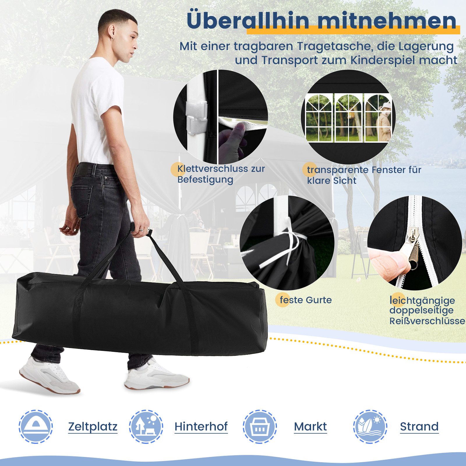 KOMFOTTEU Pavillon, Faltpavillon 3x6m, höhenverstellbar mit 6 Seitenwänden & Tragetasche