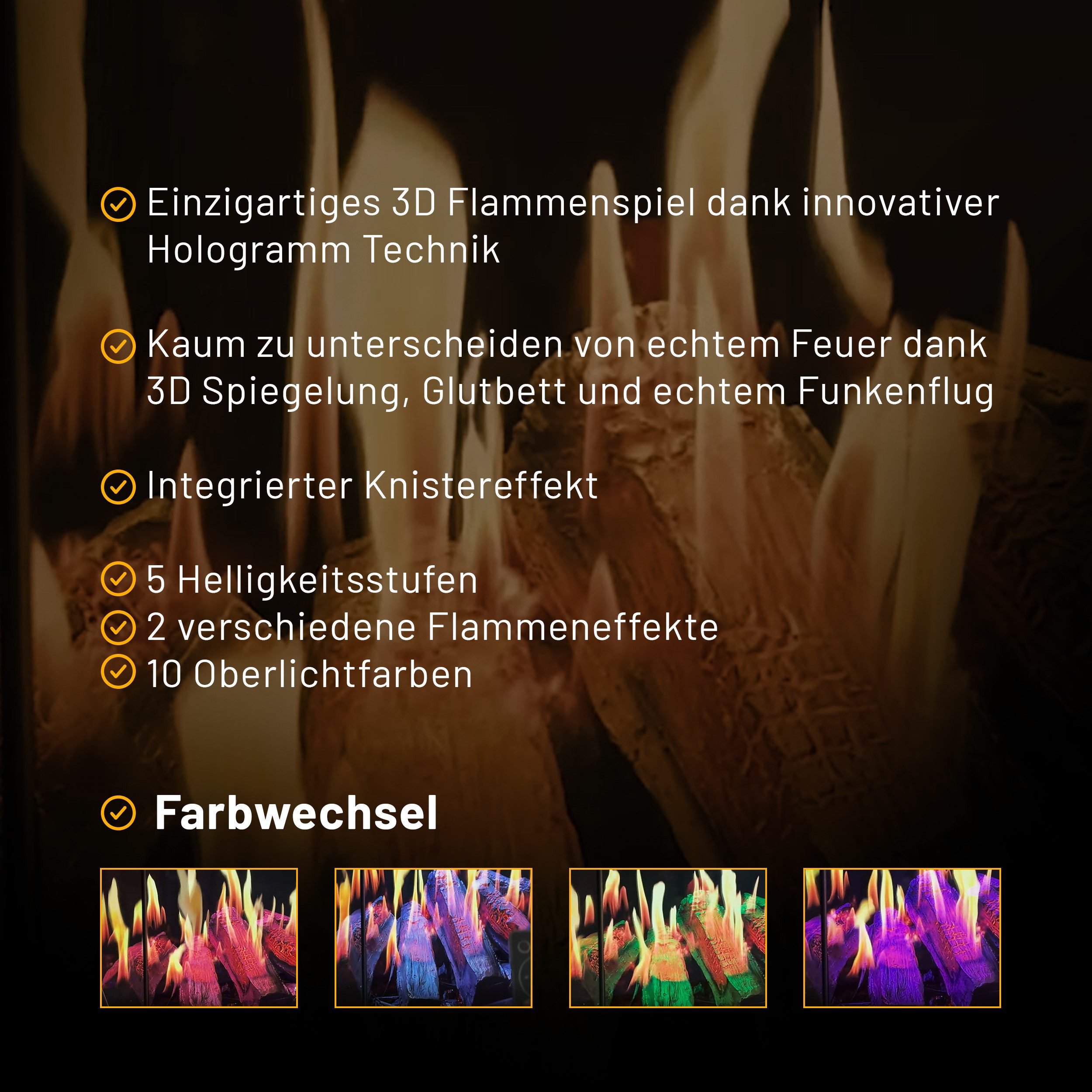 GLOW FIRE Elektrokamin HG5 Hologrammfeuer, Elektrischer Kamin mit 3D Feuer mit Heizung, täuschend echte Flamme mit Heizung