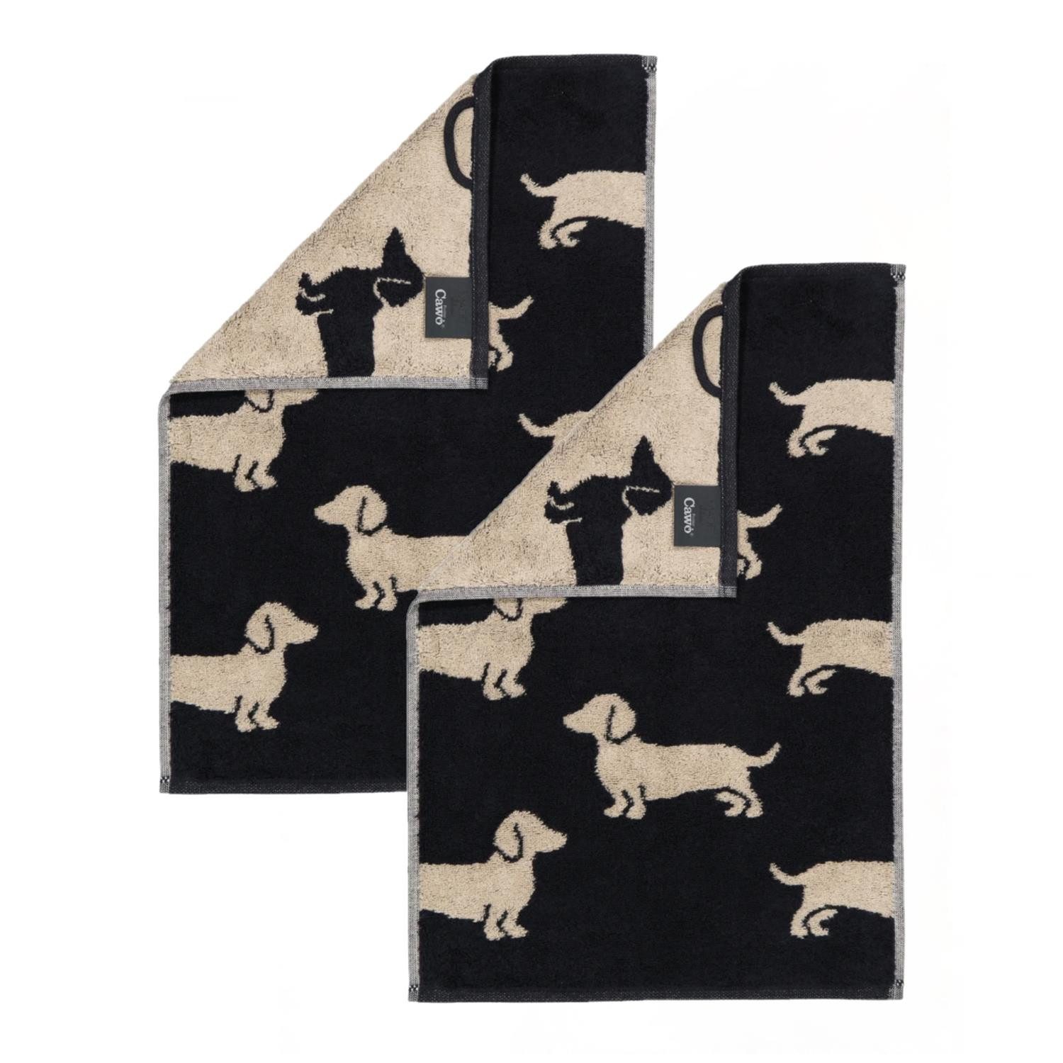 Cawö Handtuch 2 Stück Cawö We love Dogs Gästetücher 6246-93 Dackel Schwarz 30x50, Walkfrottier (Spar-Set, 2-St), 100% Baumwolle