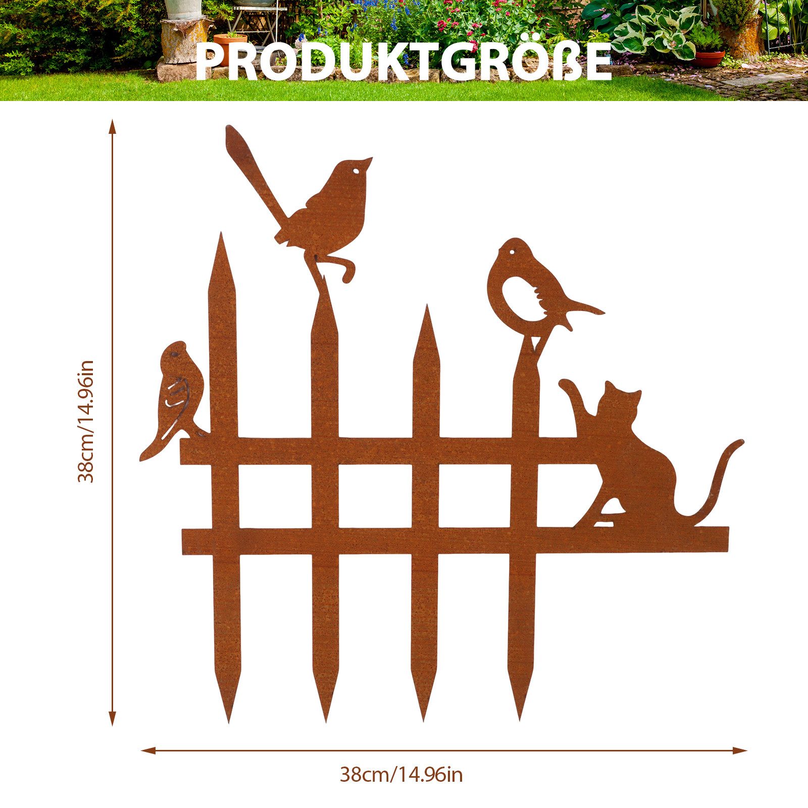 BlingBin Gartenstecker 38x38 cm Gartenzaun mit Vogel-Dekoration, Gartendeko Rost Edelrost (1er Set, 1-St., 1 Stück) Einsteck-Rasen-Lattenzaun für Landschaft Weg Blumenbeete Pflanzbereich
