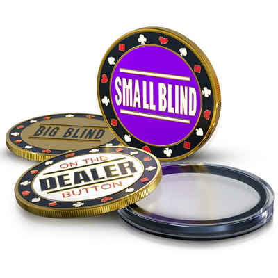 wortek Spiel, Poker Button Set Dealer Button Set aus Metall, inkl. Schutzhülle, 1x Big Blind, 1x Small Blind, 1x Dealer Button