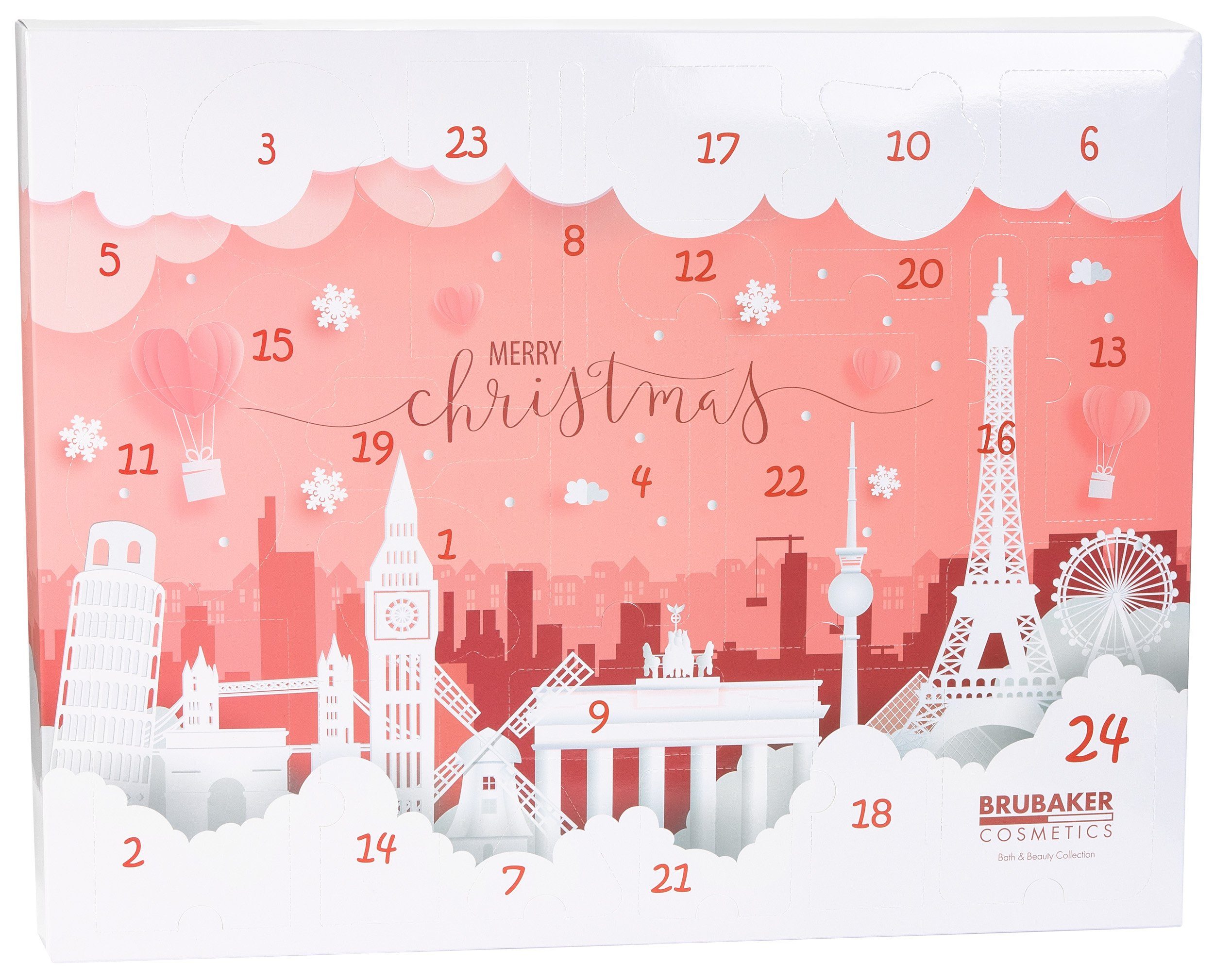 BRUBAKER Adventskalender XXL Beauty Weihnachtskalender - Städte Wahrzeichen - Körperpflege (Pflege Produkte & Spa Accessoires, 24-tlg), Wellness Kalender Weihnachten für Frauen und Mädchen - Rosa