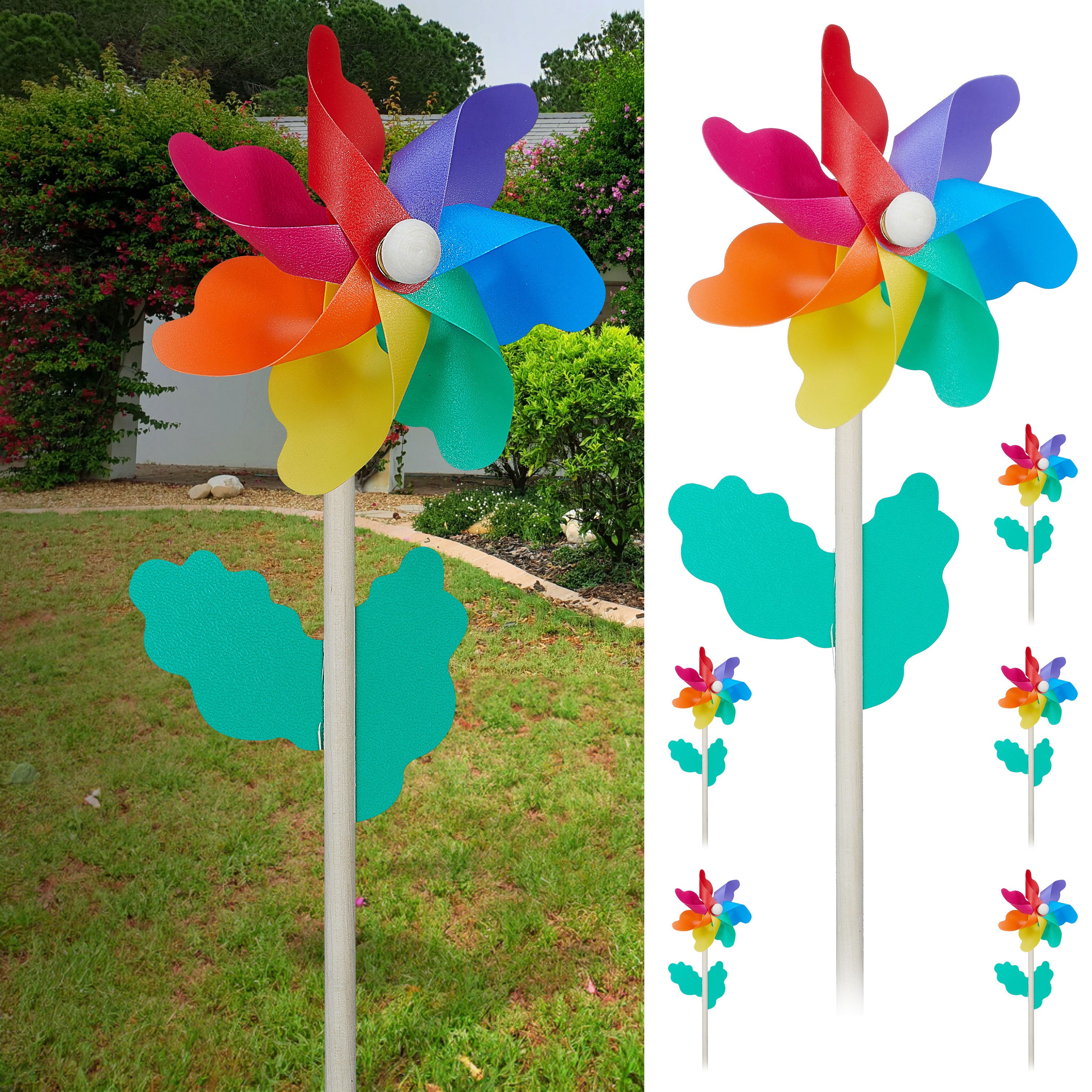 CEPEWA Windspiel Windrad 6er Set Ø11cm H30cm Holzstab Kunststoff bunt Windmühle