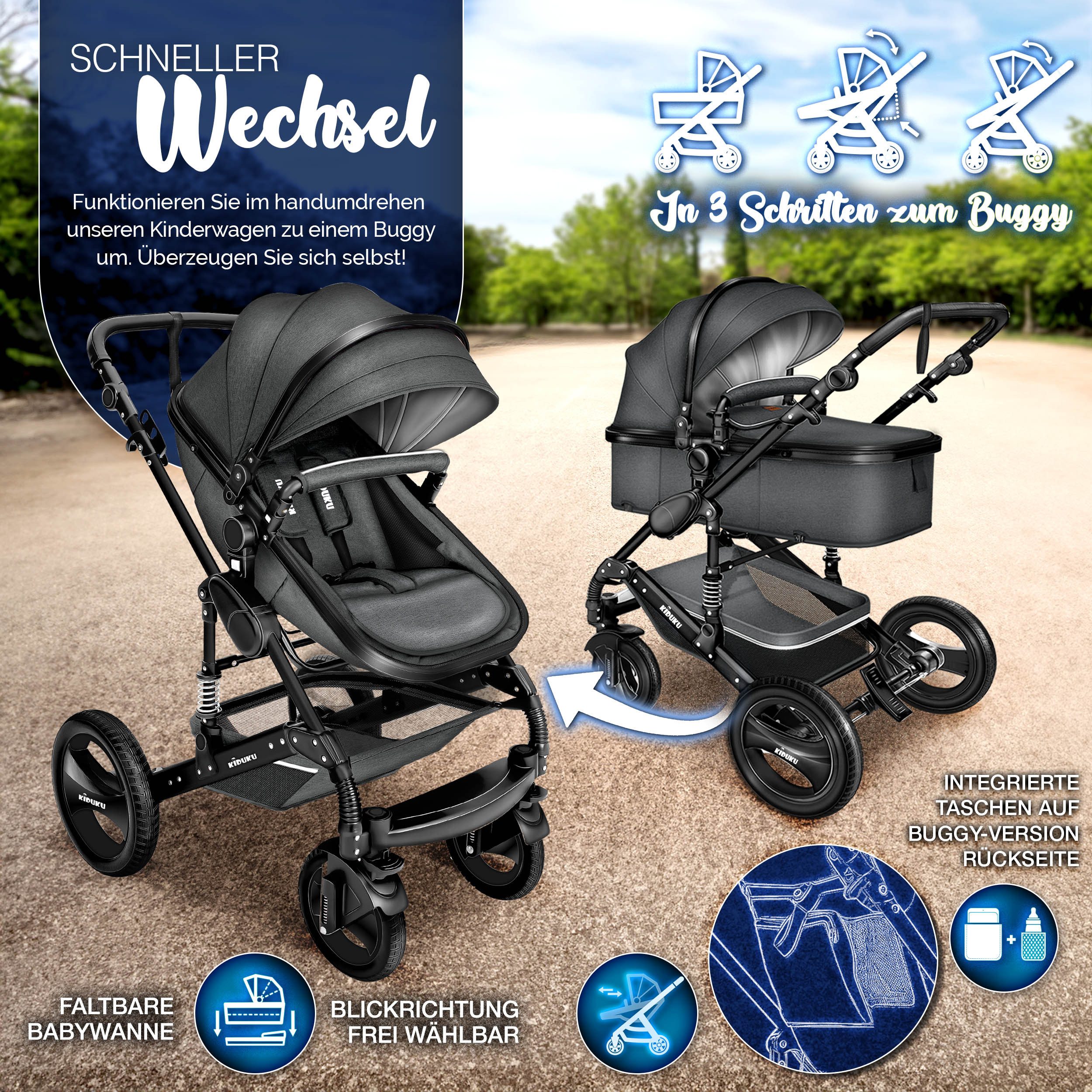 KIDUKU Kombi-Kinderwagen KIDUKU® 3 in 1 Kombi-Kinderwagen Buggy Reisebuggy inkl. Auto- Babyscha, Kindertisch
