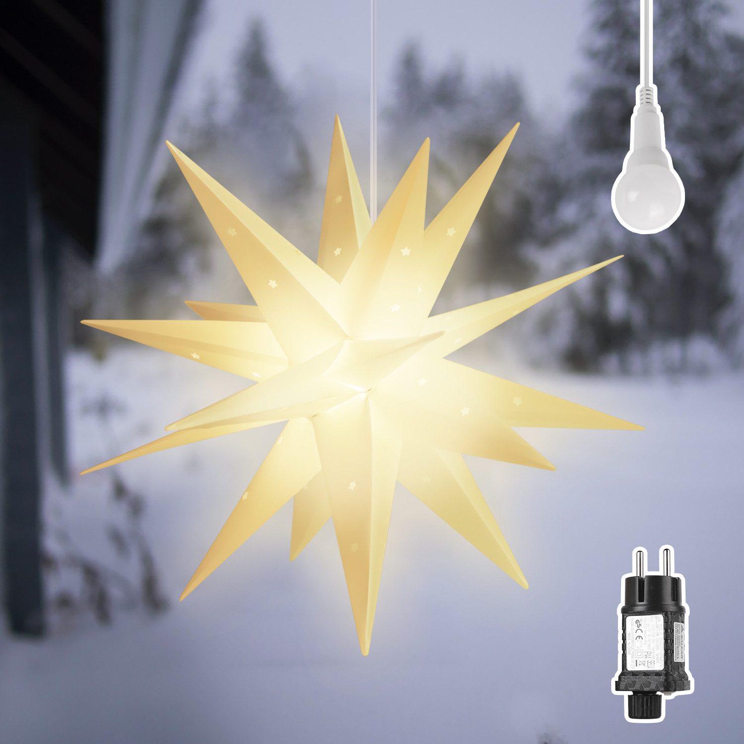 Salcar LED Dekolicht 60cm 3D Papierstern Beleuchtet LED Stern Weihnachtsdekoration Fenster, Weihnachtsstern Hängend mit 18 Spitzen, Weiß