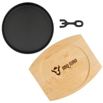 BBQ-Toro Servierpfanne 2er Gusseisen Servierpfännchen-Set, Ø 22 cm, rund, mit Holzbrett, Gusseisen