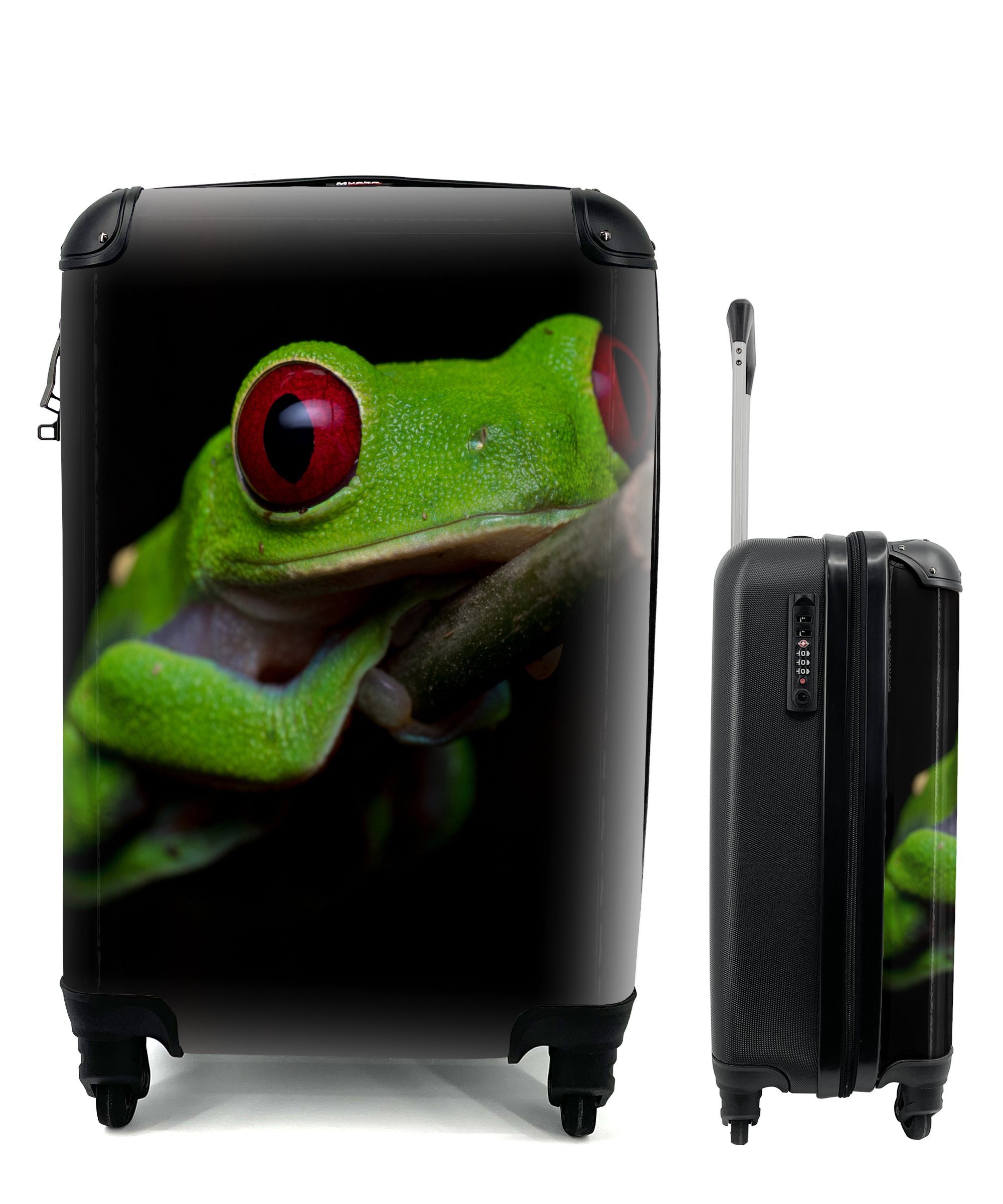 MuchoWow Handgepäckkoffer Rotäugiger Quecksilberfrosch auf schwarzem Hintergrund, 4 Rollen, Reisetasche mit rollen, Handgepäck für Ferien, Trolley, Reisekoffer