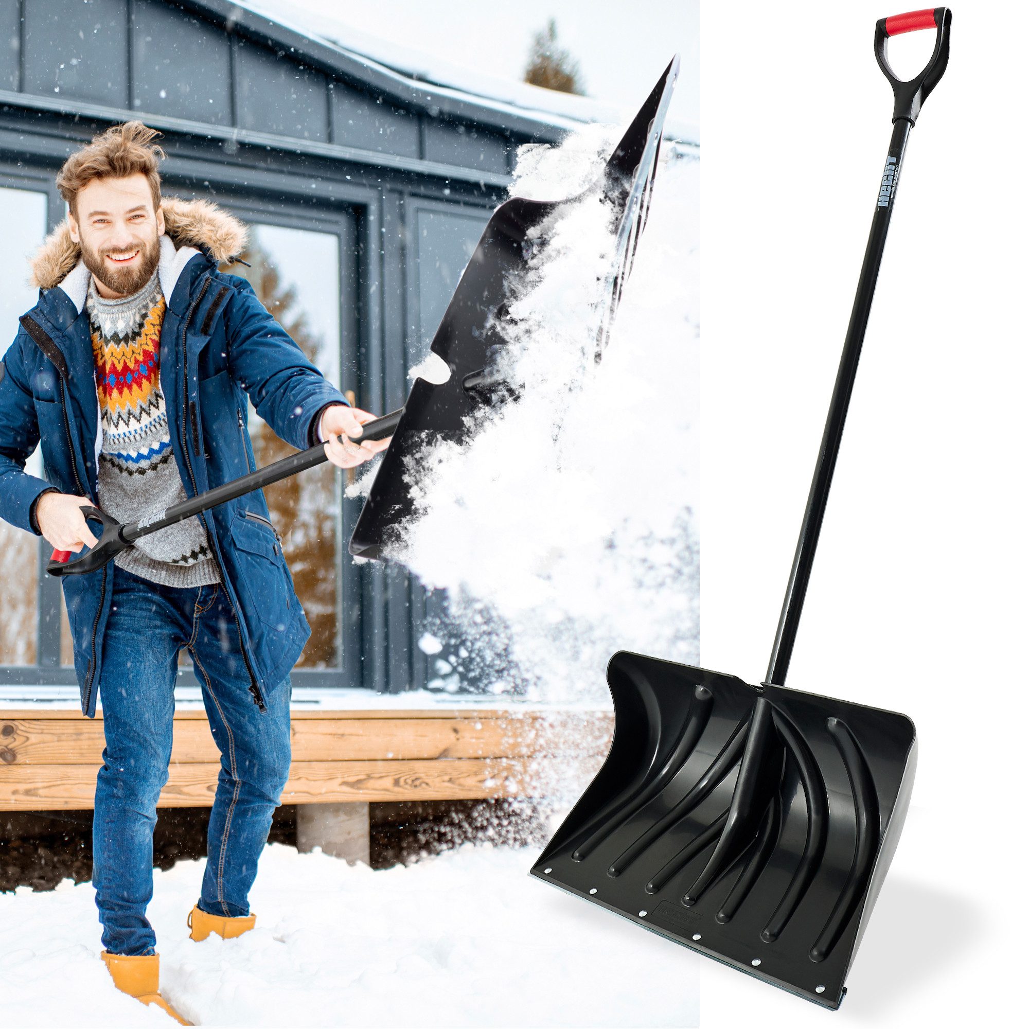 Hecht Schneeschieber Schneeschaufel mit Stiel 50 cm Arbeitsbreite Metallkante, 50,00 cm Arbeitsbreite, mit 140,00 cm langem Stiel, (2-tlg), Kunststoffschild - 140 cm - Ergonomisch - Schneeschippe