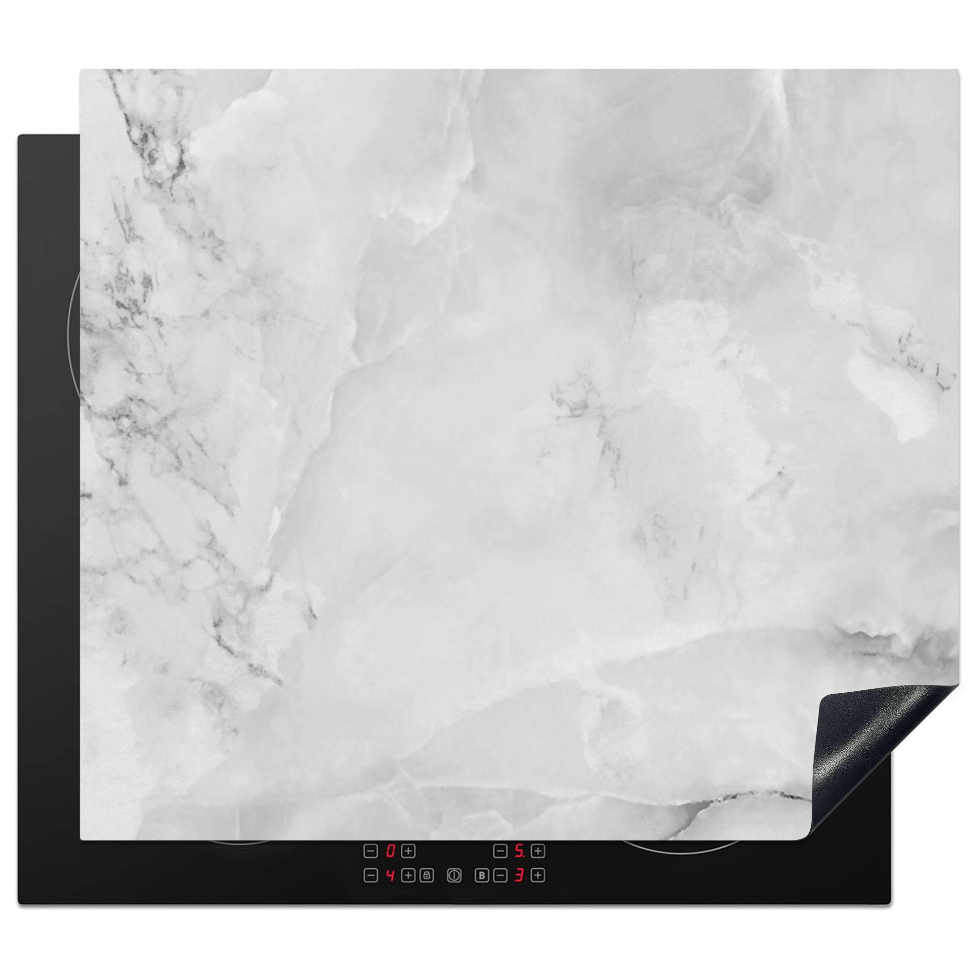 MuchoWow Herdblende-/Abdeckplatte Marmor - Stein - Weiß - Grau - Marmoroptik, Vinyl, (1 tlg), 58x51 cm, Küchen Dekoration für Induktionsherd, Induktionskochfeld