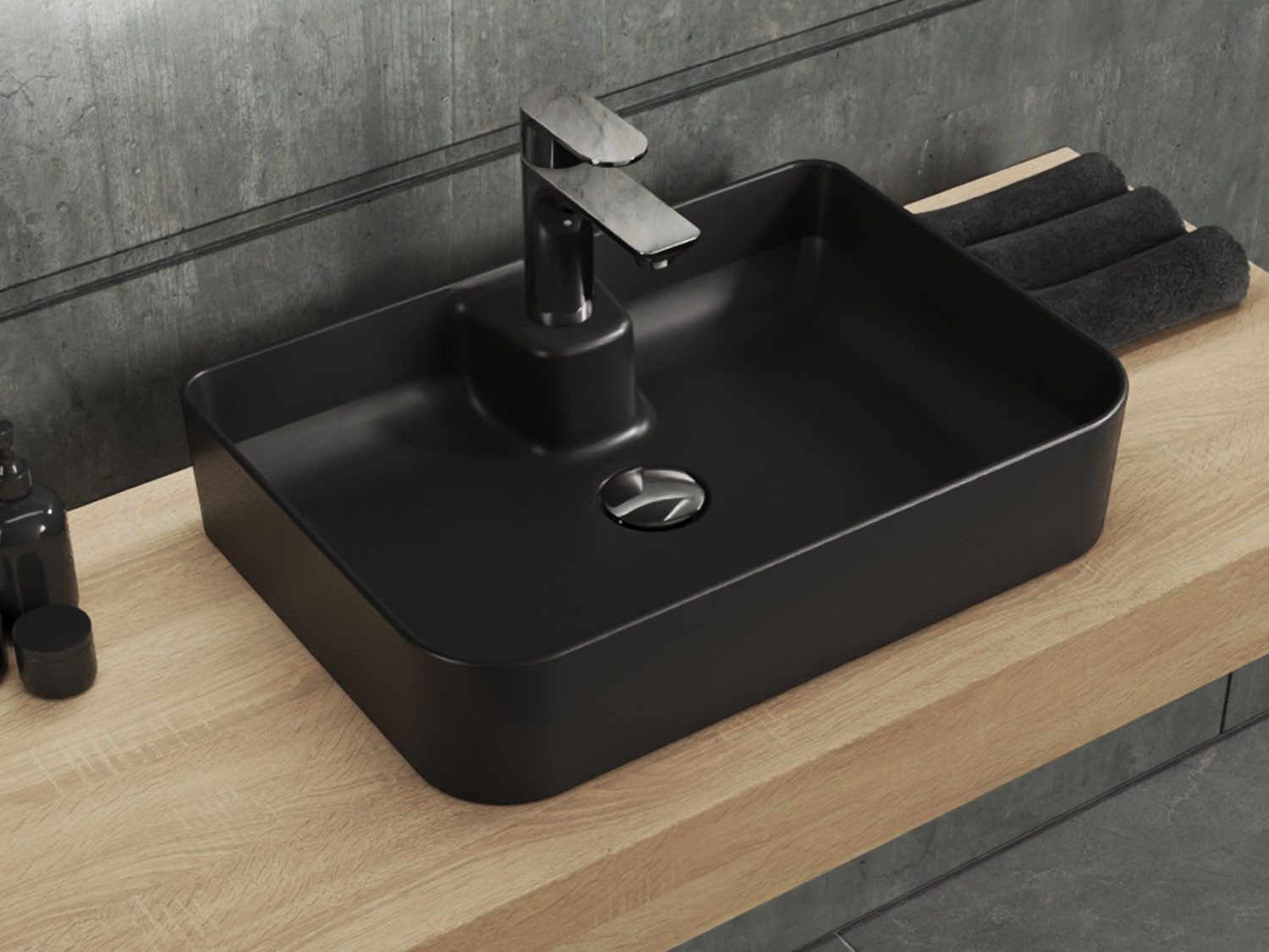 Aqua Bagno Aufsatzwaschbecken Waschschale Keramik eckig matt schwarz Waschtisch Gästebad