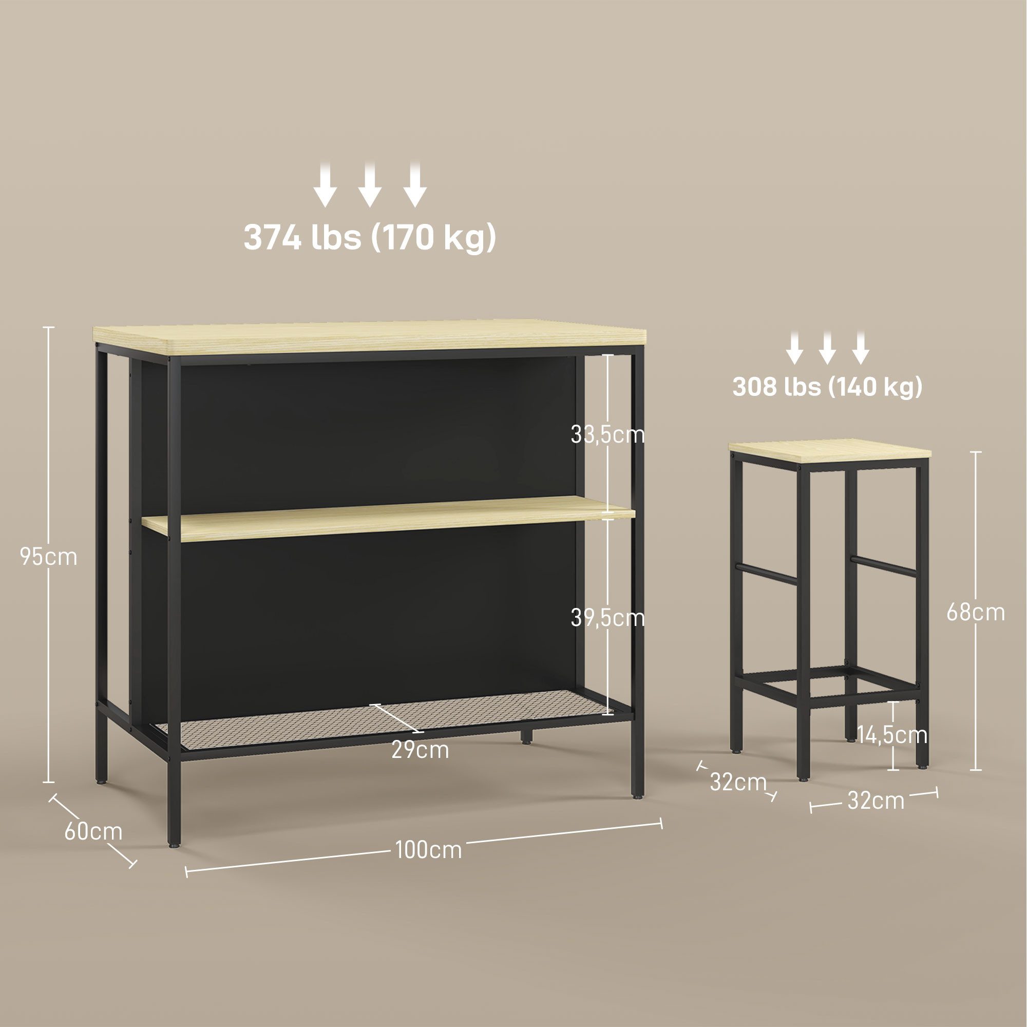 HOMCOM Bargruppe Küchentisch mit 2 Barhocker, Essgruppe im Modern-Stil, (Küchentisch, 3-tlg., Bartisch), für Essenzimmer, Schwarz