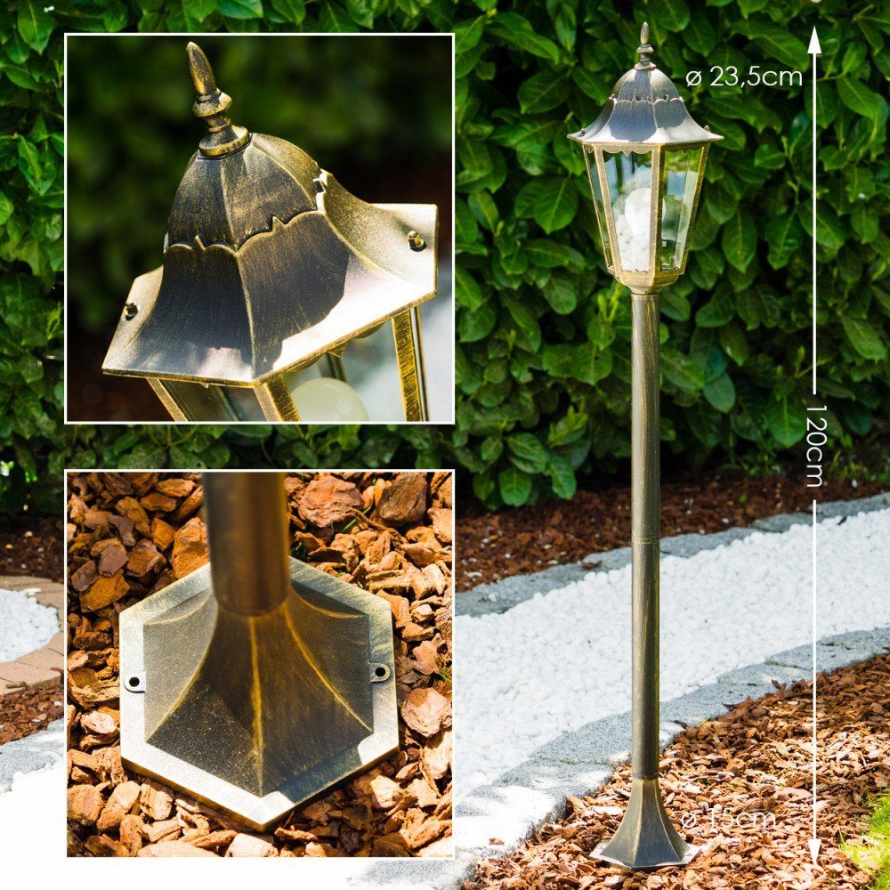 hofstein Außen-Stehlampe »Viano« Außenleuchte, Aluguss in Braun/Gold mit Milchglas-Scheiben, ohne Leuchtmittel, Wegeleuchte 122cm, Retro/Vintage Gartenlampe, E27, IP44in antikem Look