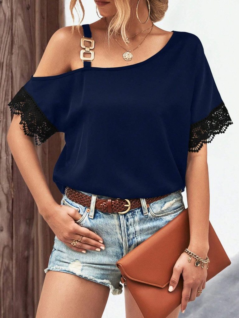 Blusentop JANE'S Damen One-Shoulder-Bluse mit Schnalle und Spitze aus Viskose