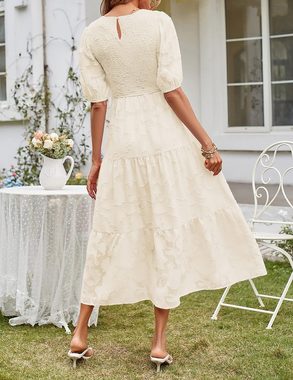 B.X Dirndl Damen kleid mit Puffärmeln gesmoktem Blumenmuster Spitze Midi-Kleider Mehrlagiges Blumen für Damen mit Rundhalsausschnitt Rüschen kleid