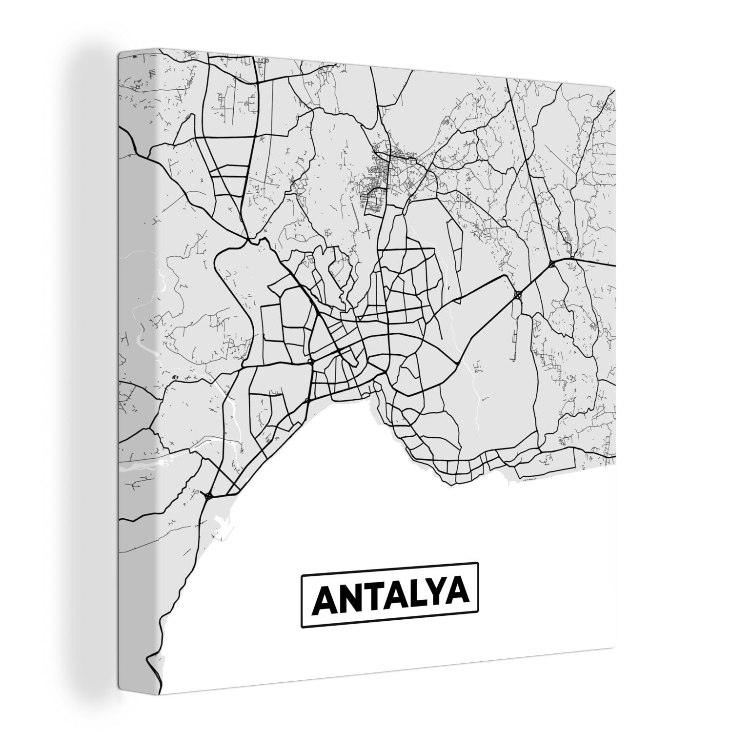 OneMillionCanvasses® Leinwandbild Antalya - Stadtplan - Schwarz und weiß - Karte, (1 St), Leinwand Bilder für Wohnzimmer Schlafzimmer