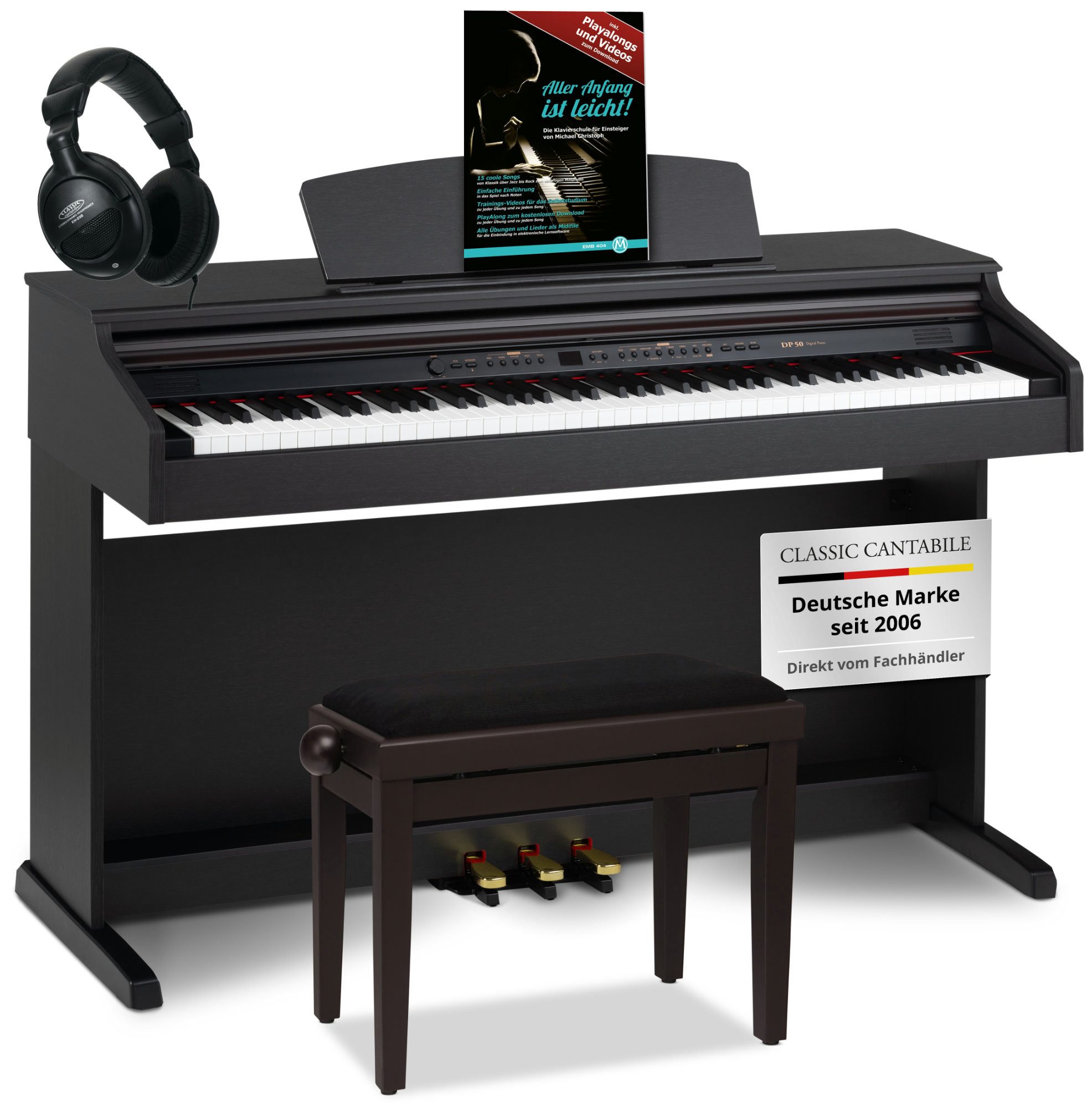 Classic Cantabile Digitalpiano DP-50 E-Piano Set mit 88 Tasten Hammermechanik (Spar-Set, inkl. Klavierbank, Kopfhörer & Schule), Klavier, Layer-, Split-, Twin-Piano- und Aufnahmefunktion