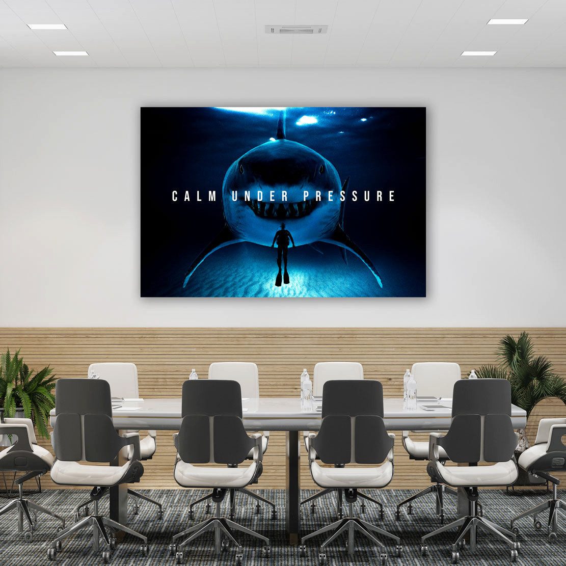 Artedinoi Leinwandbild Hai Calm Under Pressure Dark Leinwandbild Wandbild XL Deko, Hai mit Zitat