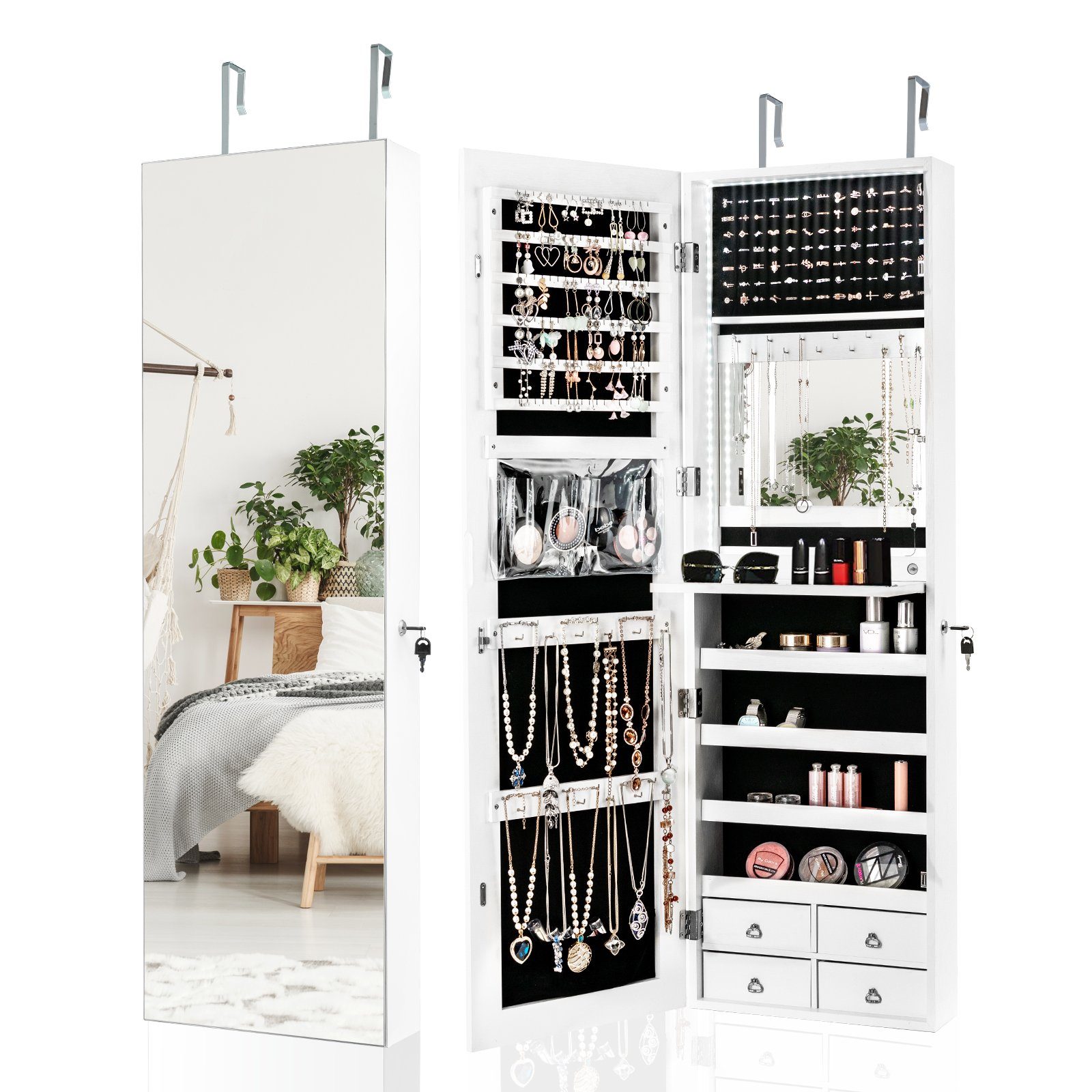COSTWAY Schmuckschrank mit LED & Зеркало в полный рост & 4 Schubladen & 4 Regale