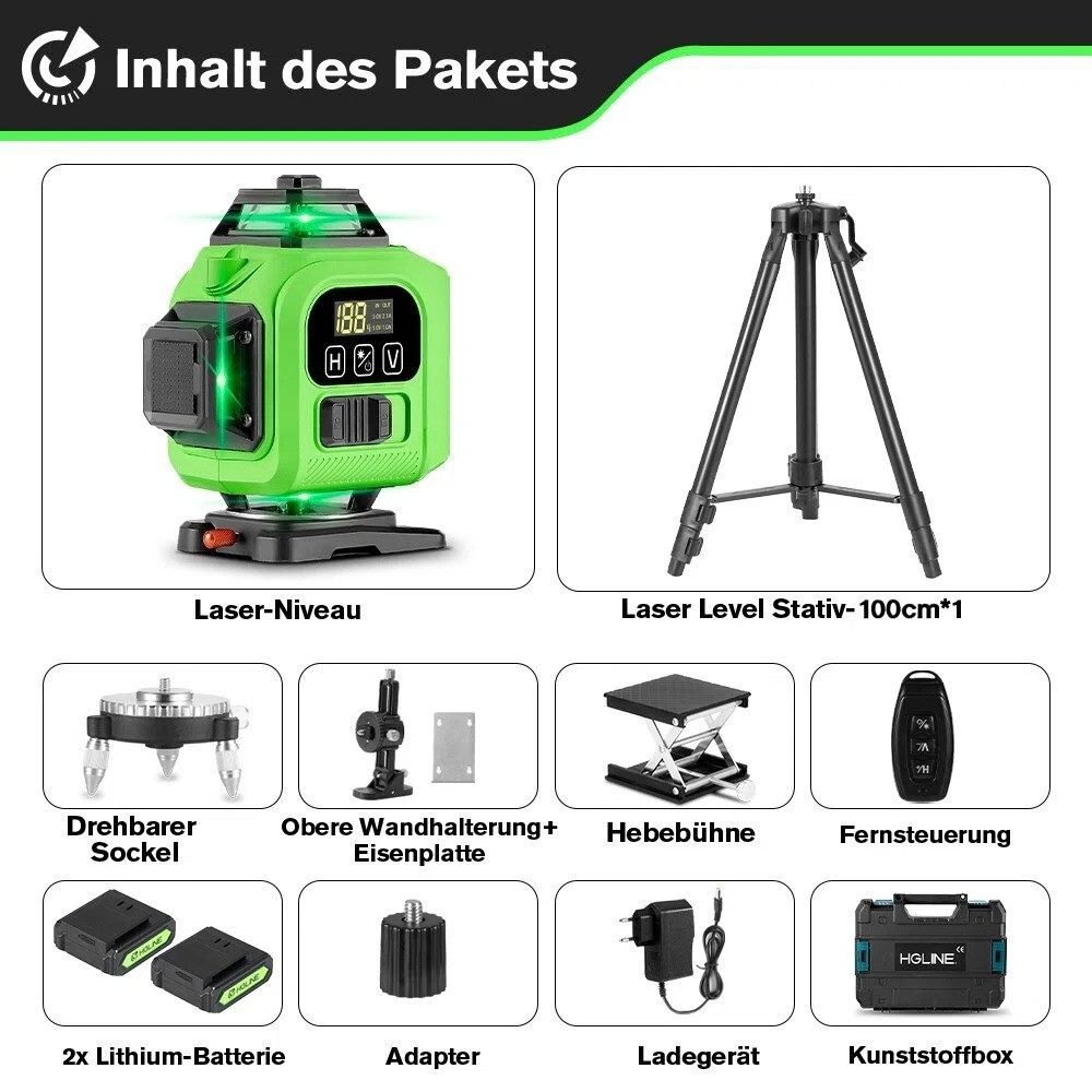HGLINE Laserwasserwaage 4x360° Selbstnivellierend Laser Wasserwaage 16 Linien, mit Stativ 2x4800mAh Batterien & LED-Anzeige – Bild 2 von 5