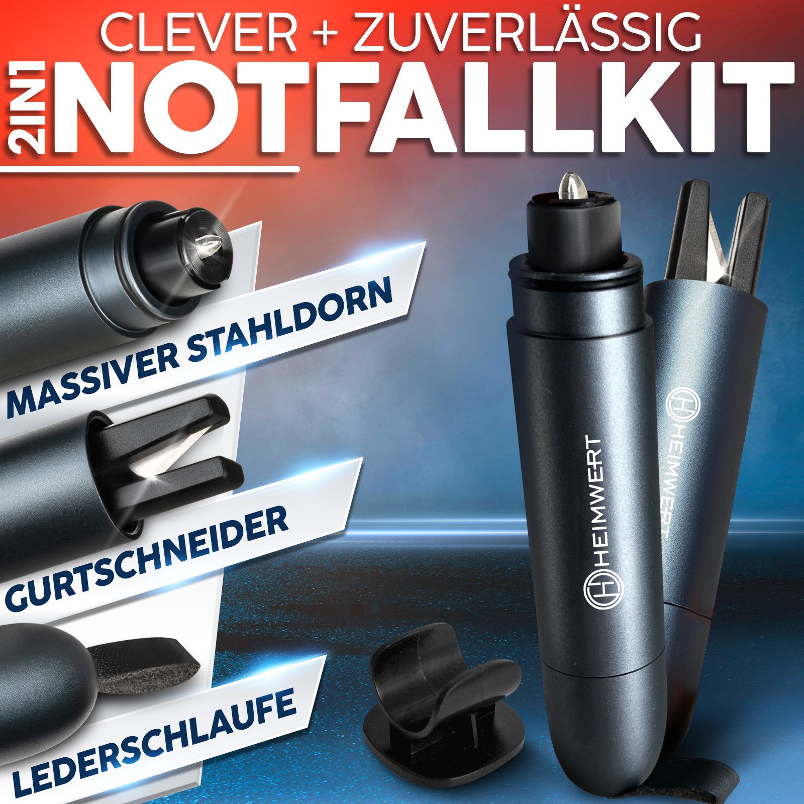 HEIMWERT Hammer Gurtschneider Notfallhammer, mit Testglas zum Üben - Zerstört Verbund Sicherheitsglas neuer Autos