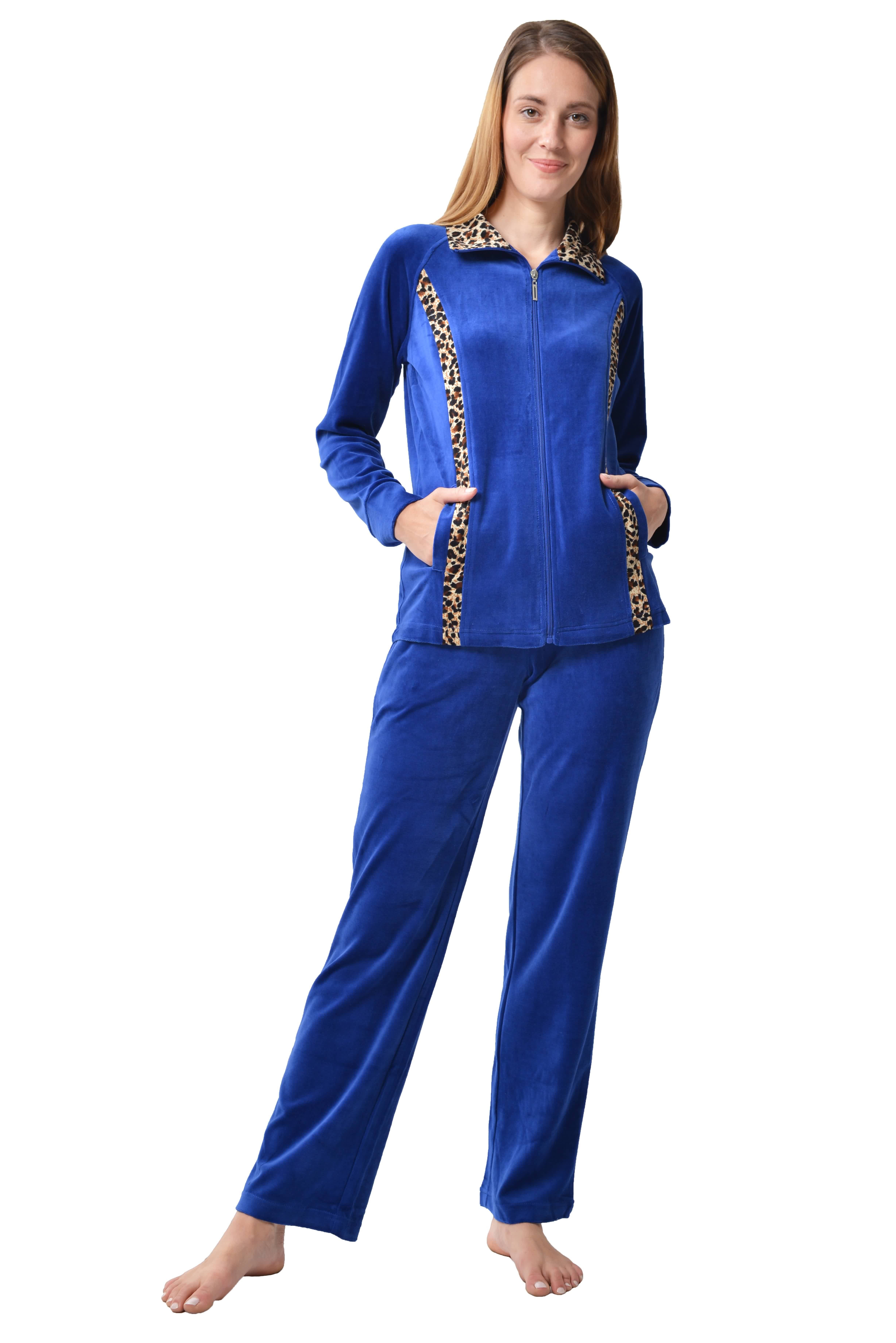 RAIKOU Hausanzug Nicki Velours Damen Hausanzug Freizeitanzug Jogginganzug (mit Reißverschluss und Leo Print, 2 tlg) weiche Baumwolle-Polyester-Gemisch Royal Blau | Pyjama-Sets