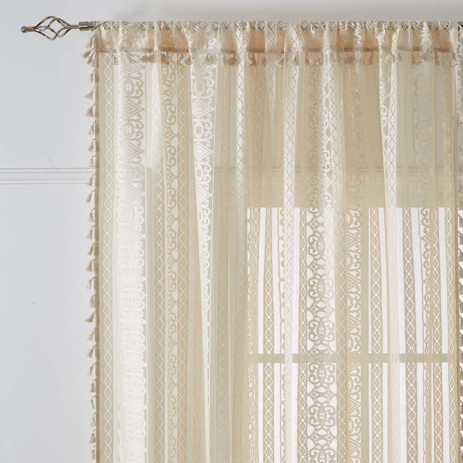 Zyronn Scheibengardine Boho-Quasten-Vorhänge für Wohnzimmer, Vintage-Stil (2 St) – Bild 3 von 5