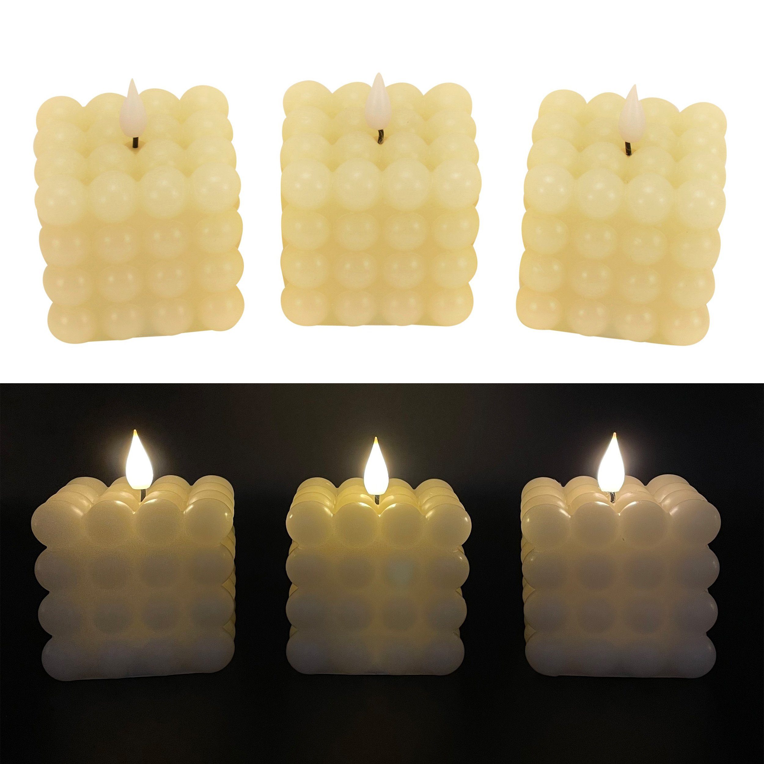 Online-Fuchs LED-Kerze 3er Set LED Bubble Kerzen aus Echtwachs mit Timerfunktion (2 Farben wählbar (creme oder orange), Seifenblasen-Optik Würfel-förmig 7,5x7,5x10 cm
