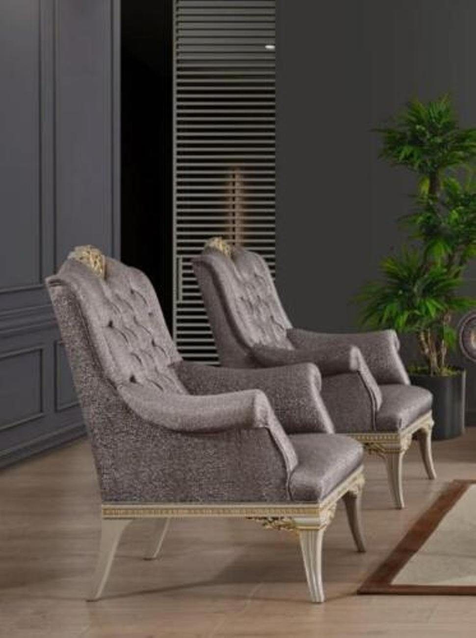 Couchgarnitur + Chesterfield Wohnzimmer-Set Grau Made 2x Stoff Sessel (5-St., in + Luxus Europa 5tlg JVmoebel Sessel 1x 2x Set, Dreisitzer 3-Sitzer Couchtisch),