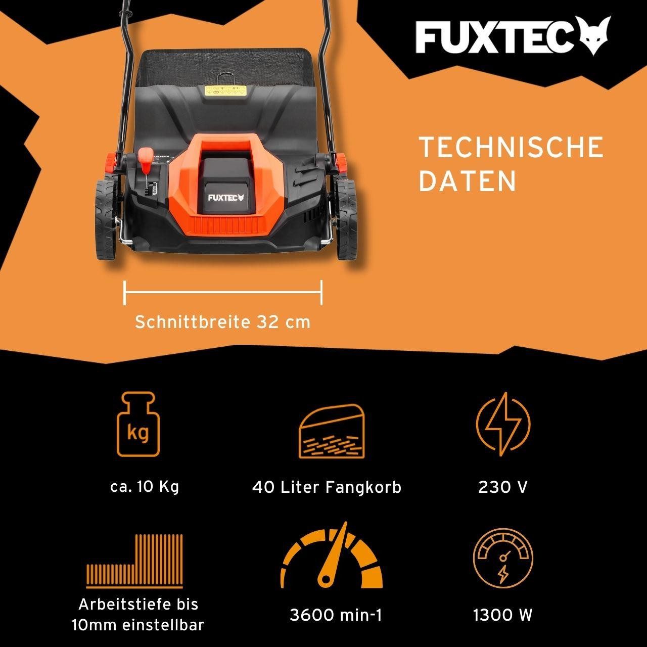 FUXTEC Elektro-Vertikutierer FX-EV320ECO, 32 cm Arbeitsbreite, 1300W Motor, 5-fach Tiefenverstellung (10mm bis -12mm), 40L Fangkorb