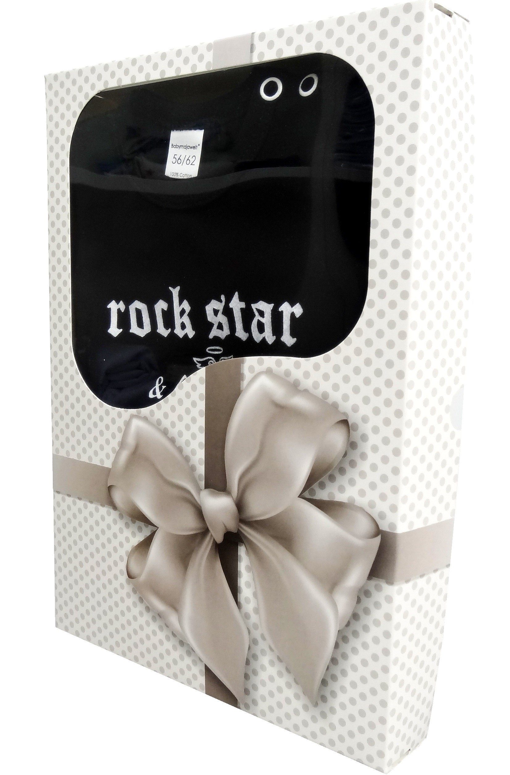Babymajawelt Neugeborenen-Geschenkset Baby Bekleidungsset Rock Star Schwarz Weiß (4 Teile: Body, Shirt, Mütze, Hose, 4-tlg., Set) Geschenk zur Geburt, Fotoshooting, Made in DE