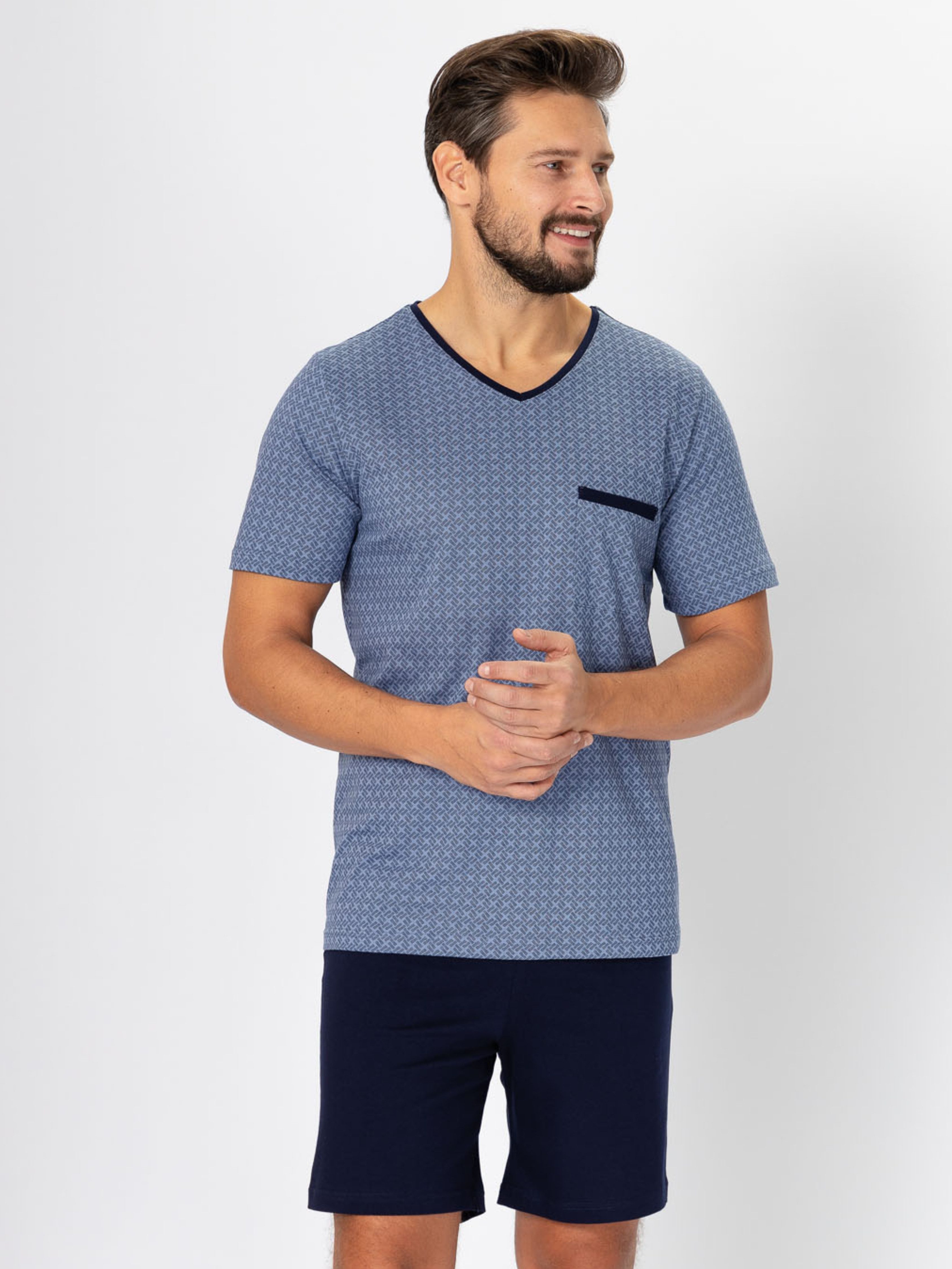 HOTBERG Shorty Schlafanzug-Set Herren kurz 100% Baumwolle (2 tlg) Stahlblau-Dunkelblau Nachtwäsche mit markanten Details