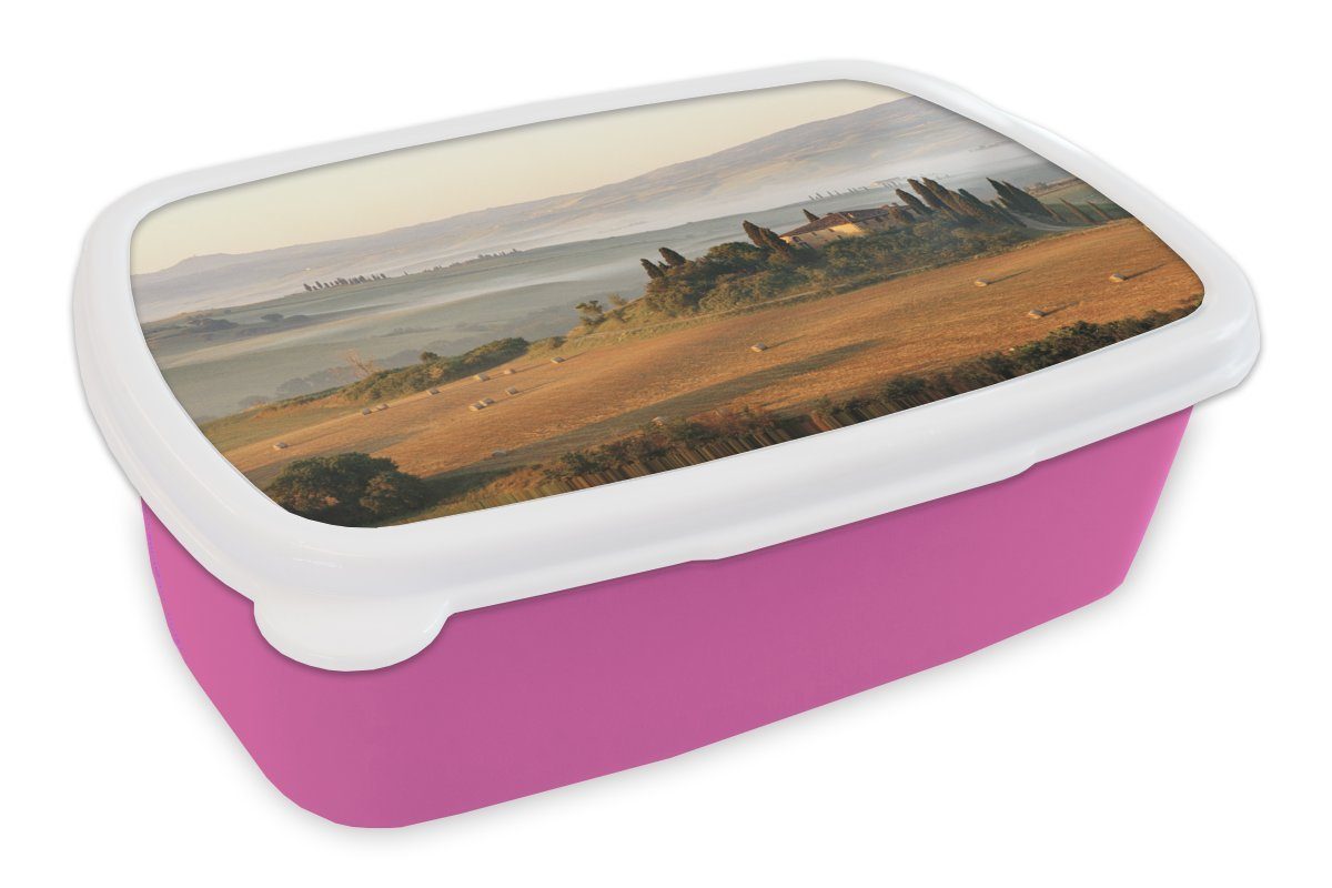 MuchoWow Lunchbox Toskana - Landschaft - Bauernhaus, Kunststoff, (2-tlg), Brotbox für Erwachsene, Brotdose Kinder, Snackbox, Mädchen, Kunststoff rosa