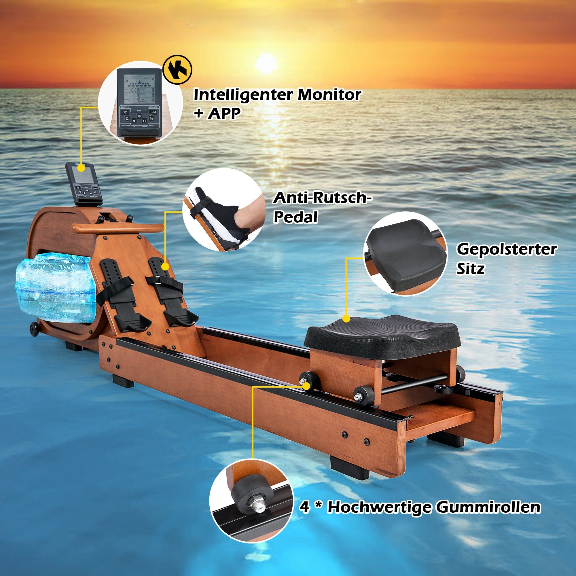 Ulife Rudergerät Holz Wasser-Rudergerät mit APP, LCD-Display, Bluetooth