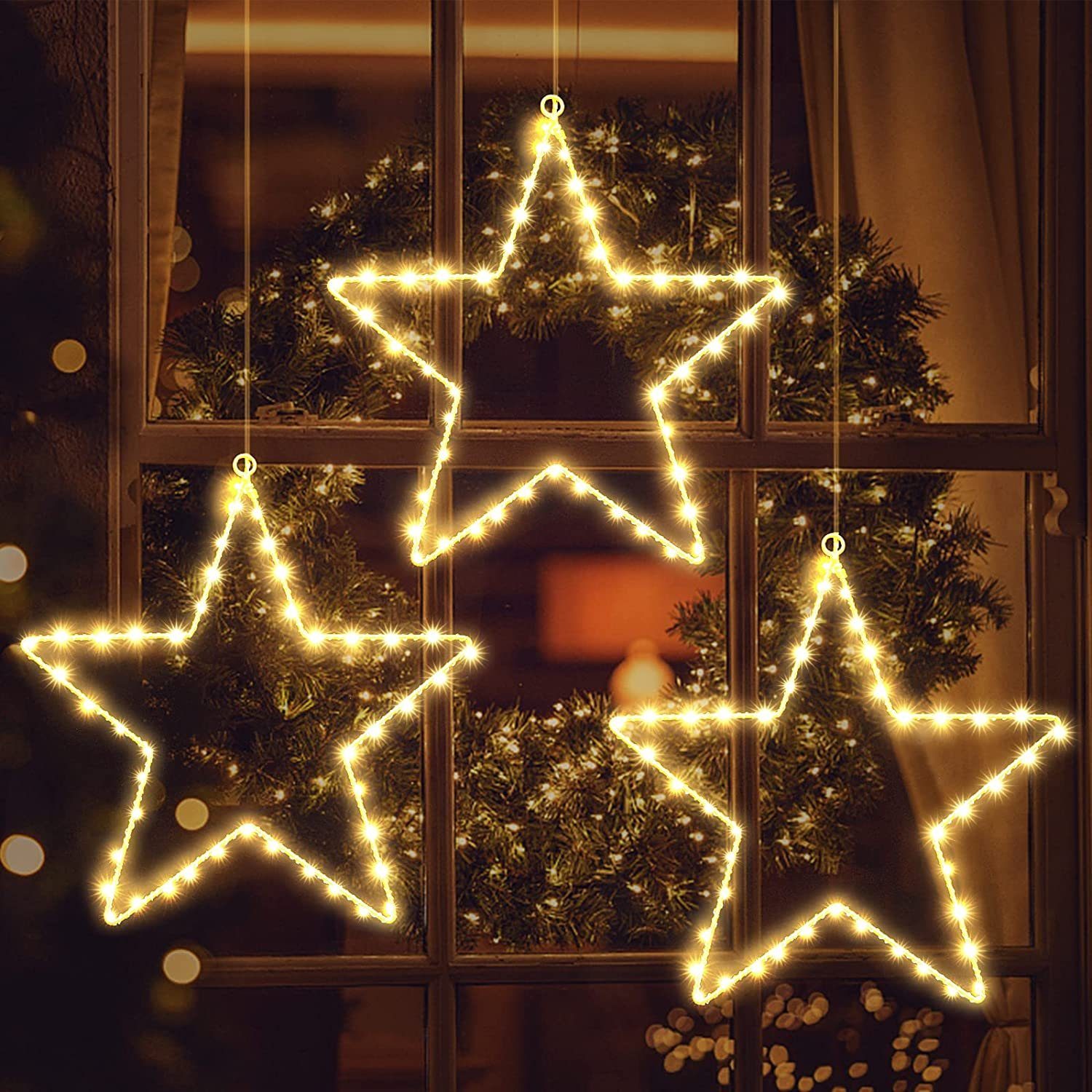 Elegear Lichtervorhang »Weihnachtsdeko Fenster mit 135 LEDs 8 Modi  Batteriebetrieben«, 3 Stück LED Weihnachtsstern Beleuchtung Sterne