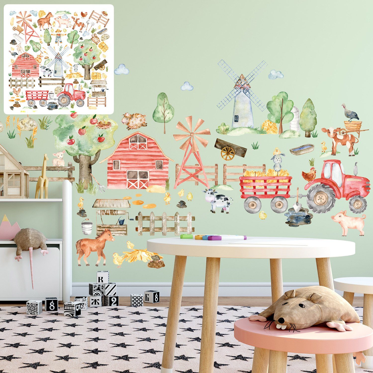 Sunnywall Wandtattoo XXL Bauerhof Tiere Farm Wandtattoo Set Aufkleber Kinderzimmer