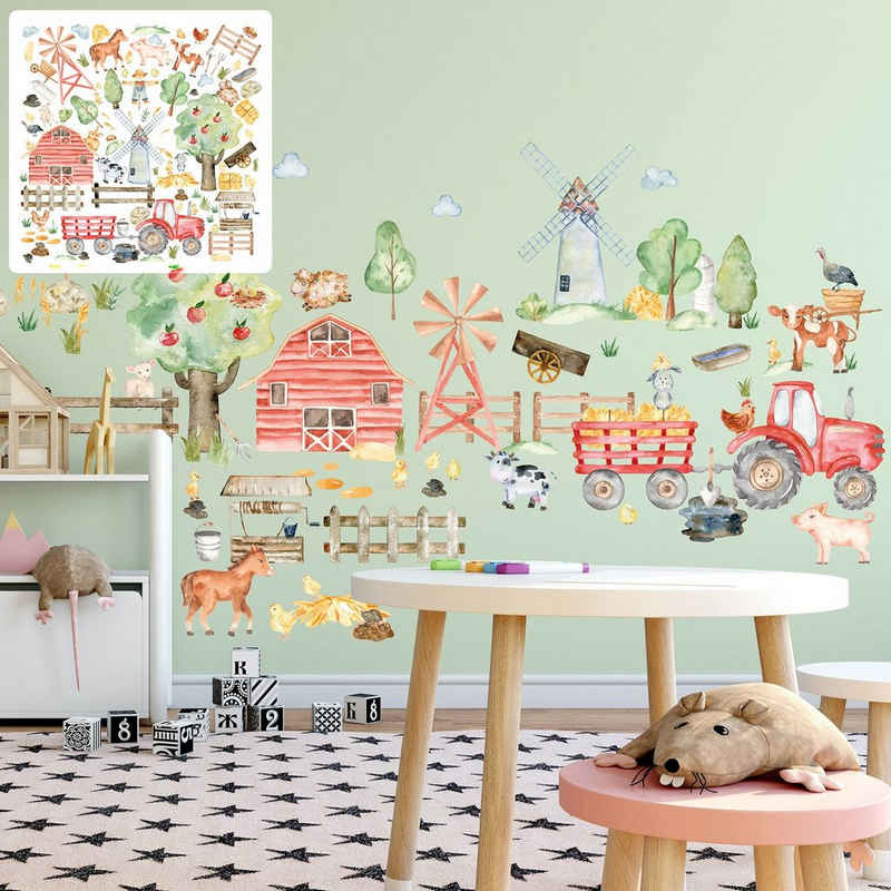 Sunnywall Wandtattoo XXL Bauerhof Tiere Farm Wandtattoo Set verschiedene Motive Kinderzimmer Aufkleber bunt Wanddeko