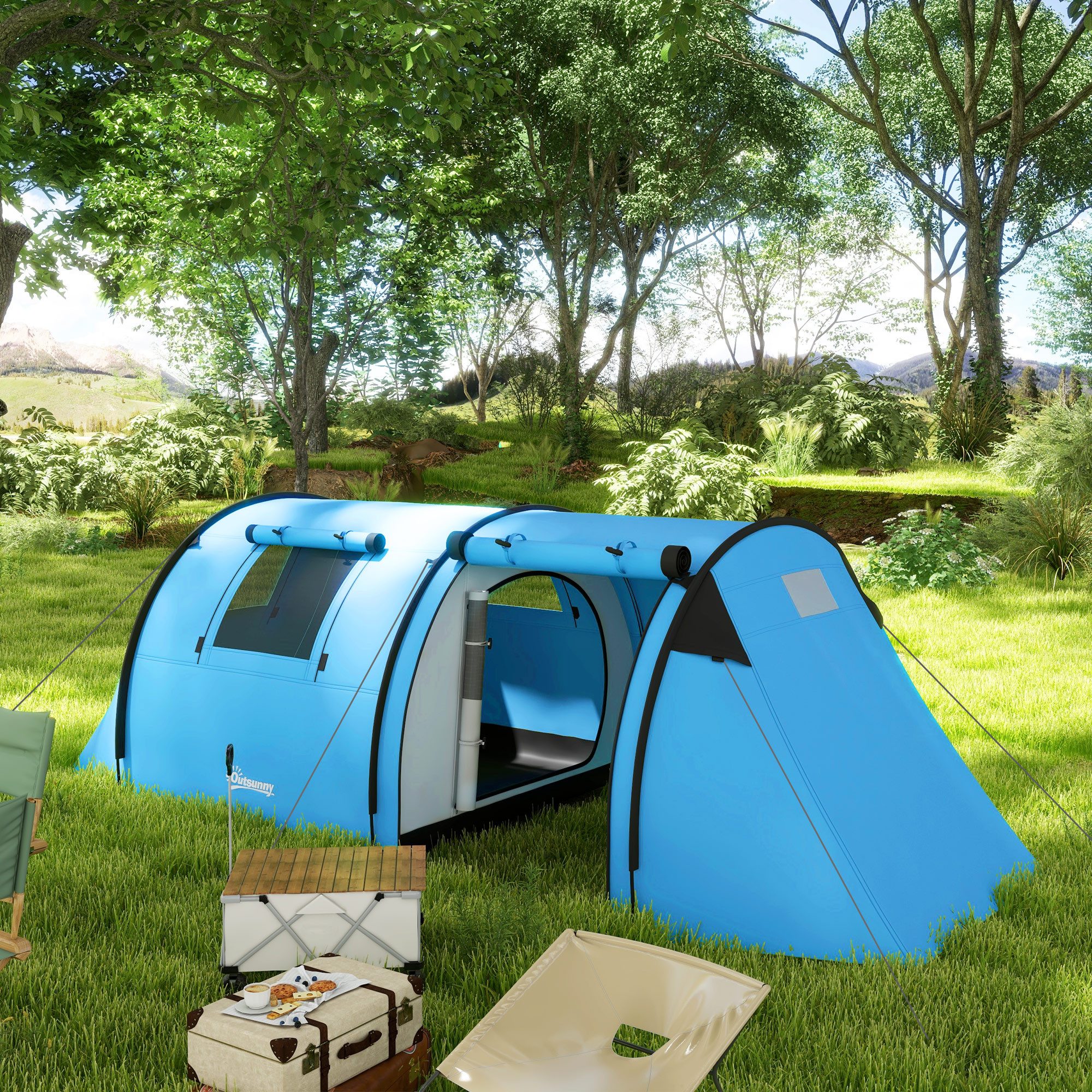 Outsunny Kuppelzelt mit Schlafzimmer Wohnzimmer 3000mm Wassersäule, Personen: 4 (wasserdicht Campingzelt, 1 tlg., Familienzelt), für Camping Reise, Himmelblau