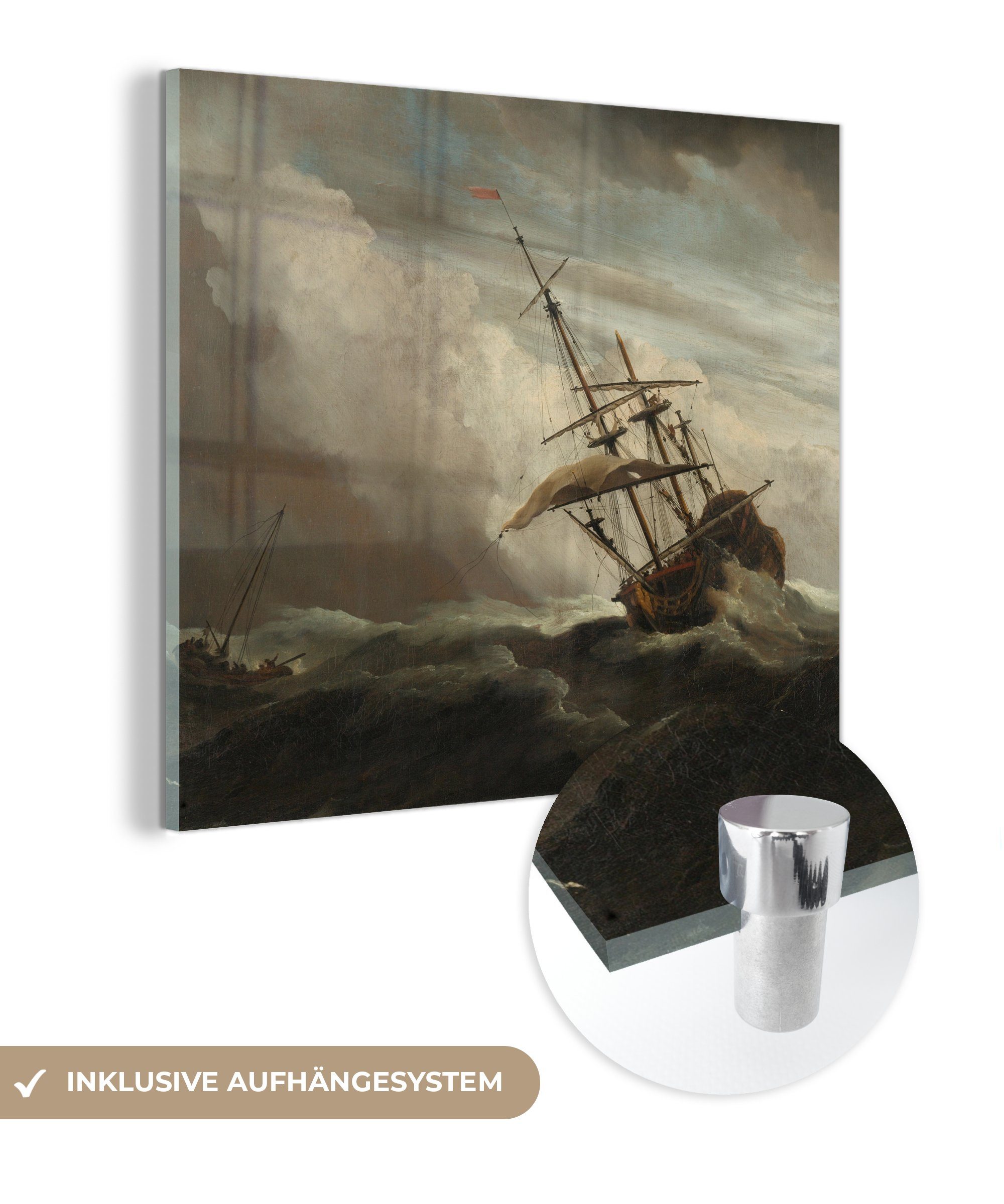 Wanddekoration (1 St), - Gemälde Glas Wandbild Glas offener Ein auf eines See von MuchoWow - auf Schiff Bilder Acrylglasbild Willem, Sturms - während auf - Foto Glasbilder