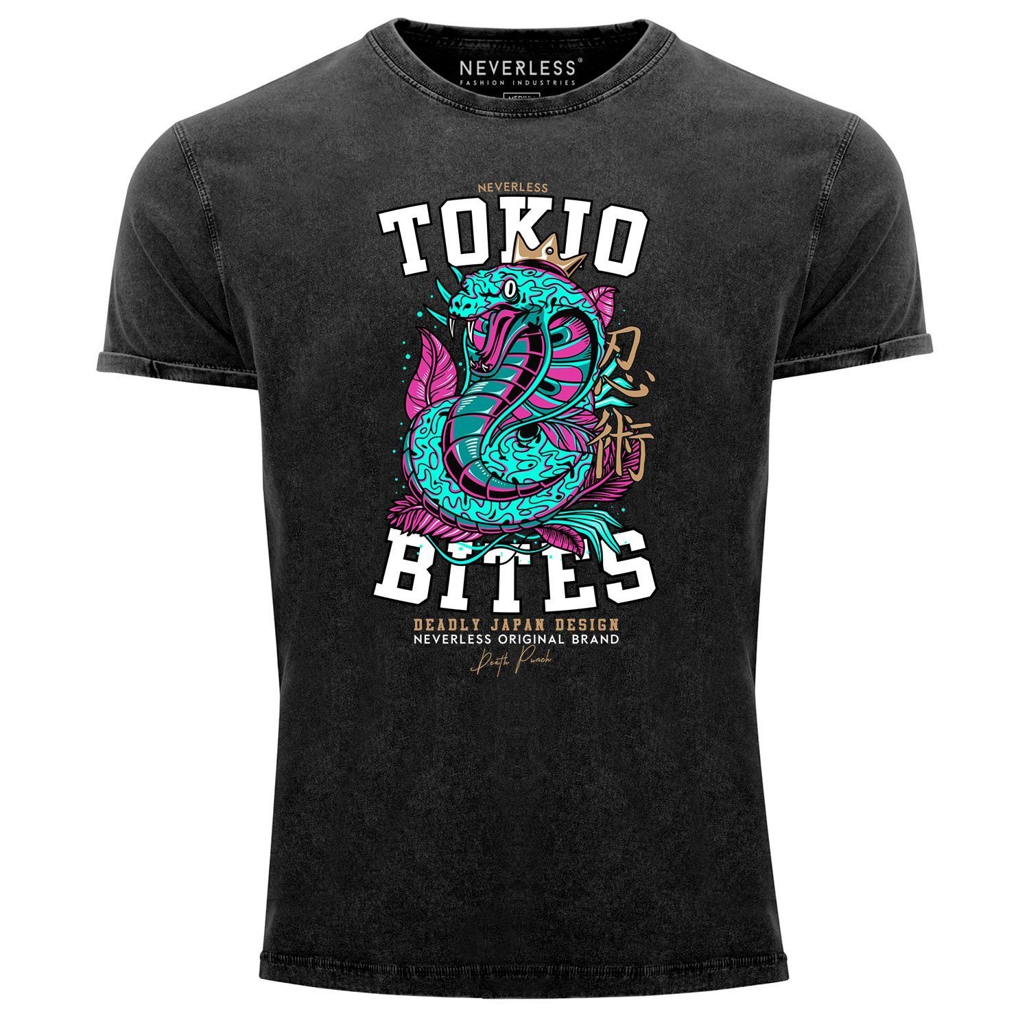 Print-Shirt Neverless® Herren T-Shirt Vintage Shirt Printshirt Japan Kobra Motiv