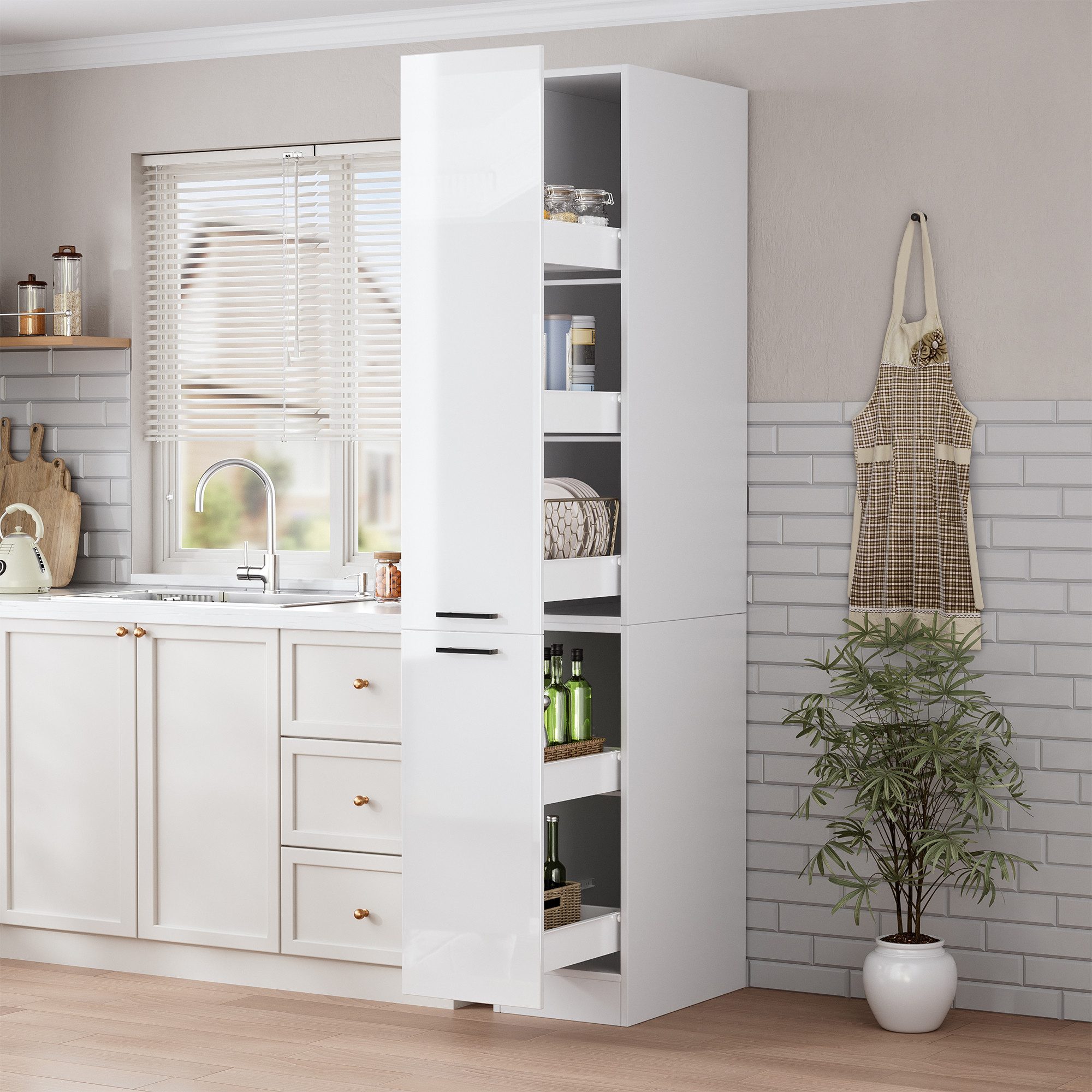 TWSOUL Apothekerschrank 30 cm schmal mit Auszug, platzsparender Hochschrank 206 cm Küchenschrank mit viel Stauraum für Nischen