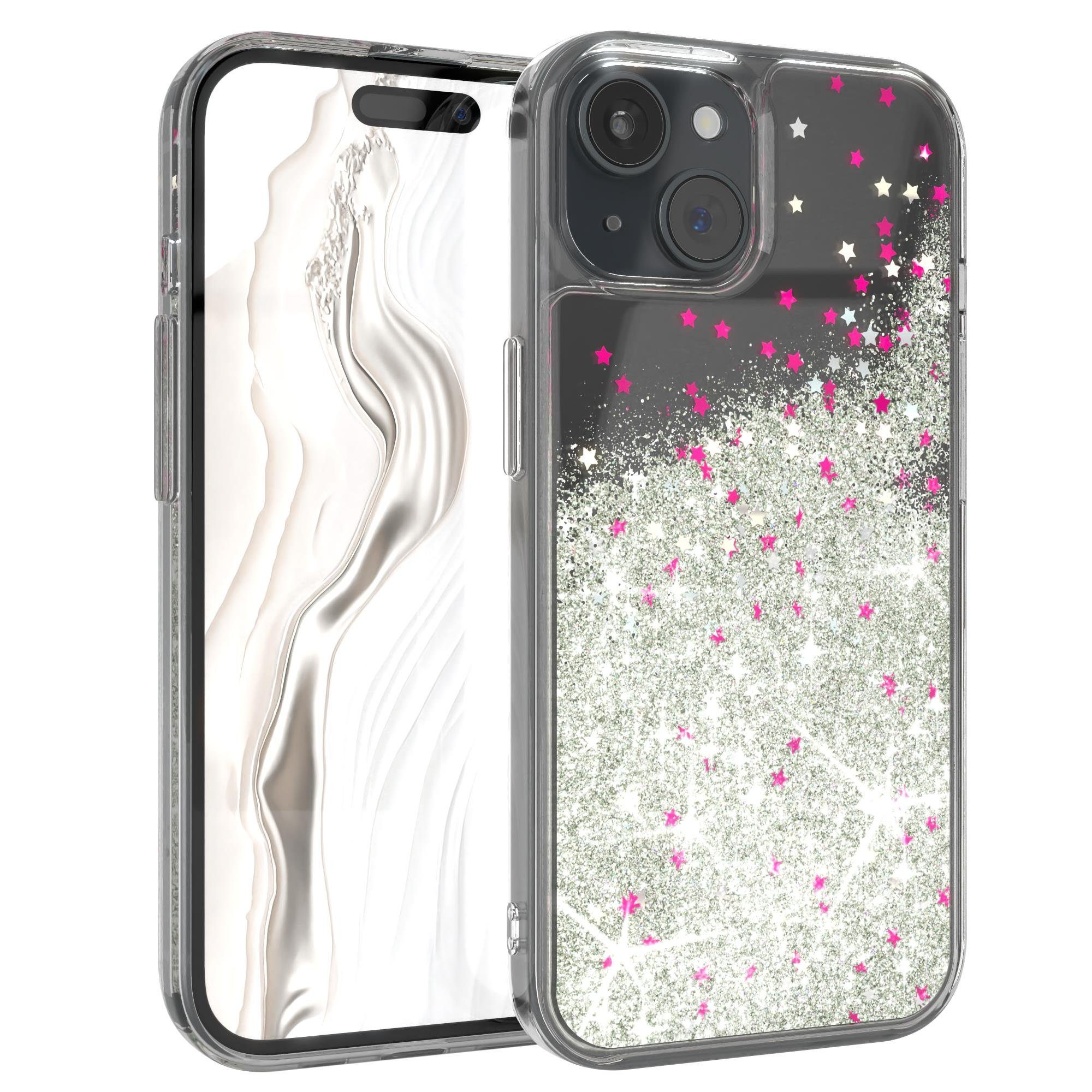 EAZY CASE Handyhülle Liquid Glittery Case für Apple iPhone 15 6,1 Zoll, Kratzfeste Silikonhülle stoßfestes Back Cover Phone Case Etui Silber