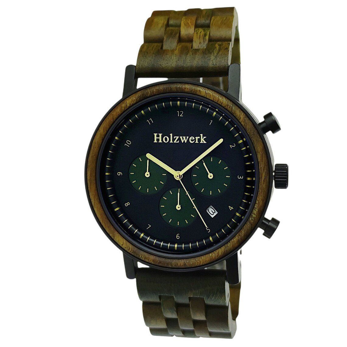 Holzwerk Chronograph BERGHEIM Damen & Herren Holz Armband Uhr mit Datum, schwarz, grün