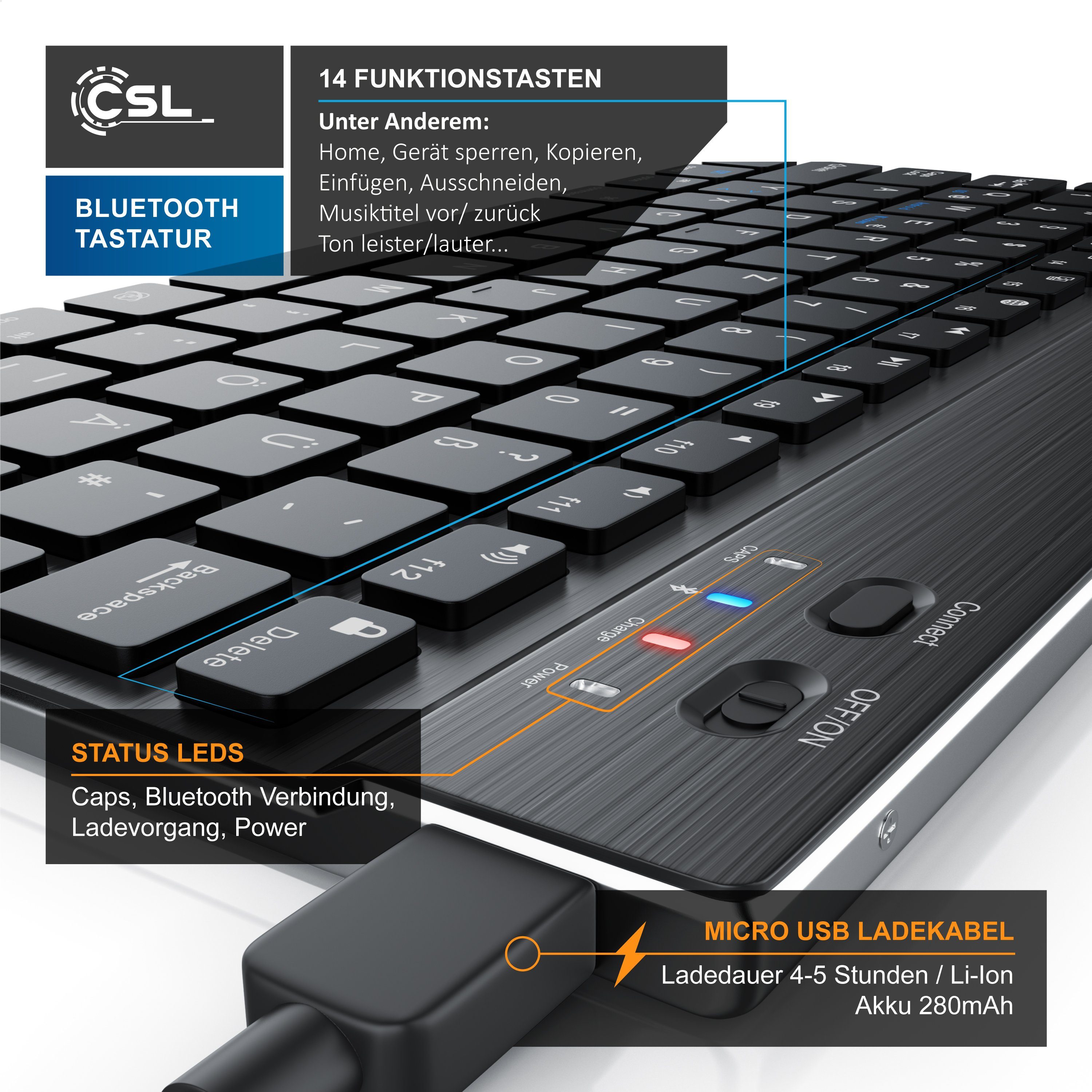 BT 3.0) Wireless-Tastatur CSL Deutsches Alugehäuse, Layout, Keyboard, Bluetooth, Slim schwarz/silber (Ultra
