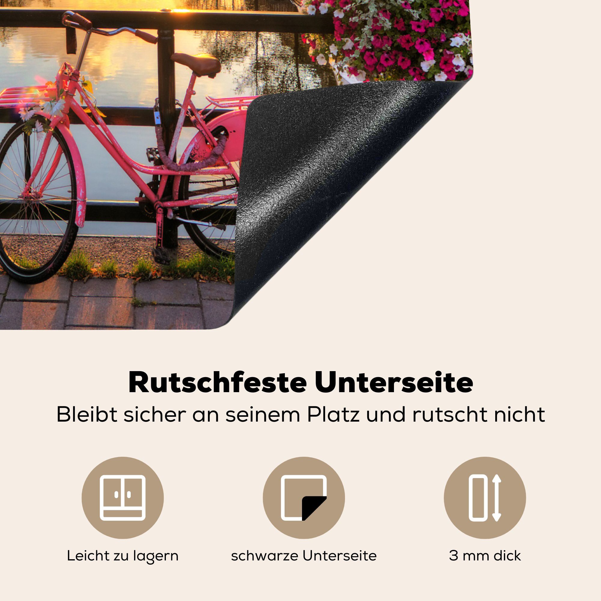 Sonnenuntergang Mobile cm, Arbeitsfläche - - Fahrrad, Amsterdam - Blumen Ceranfeldabdeckung MuchoWow Vinyl, Gracht Herdblende-/Abdeckplatte - tlg), 60x52 nutzbar, (1